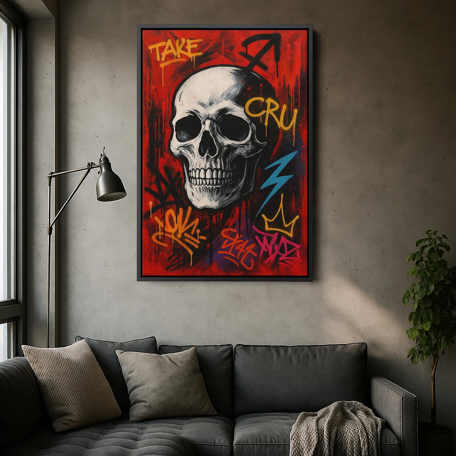 Siyah çerçeveli kanvas tablo, koyu tonlu kenarlar ve canlı grafiti tipografilerle güçlü kontrast yaratan dekoratif duvar dekoru tasarımıdır. FabricUp dijital baskı teknolojisi ile üretilen yüksek çözünürlüklü baskı, net detaylar ve canlı renklerle modern kanvas tablo görünümü sağlar.