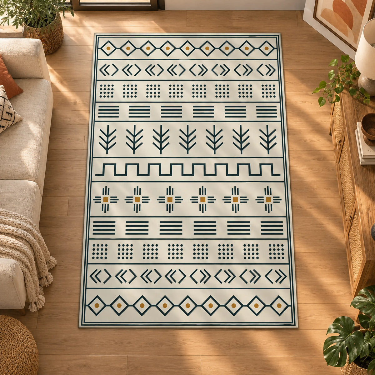 lacivert-geometrik-cizgili-bohem-hali-iskandinav-modern-ekru-salon