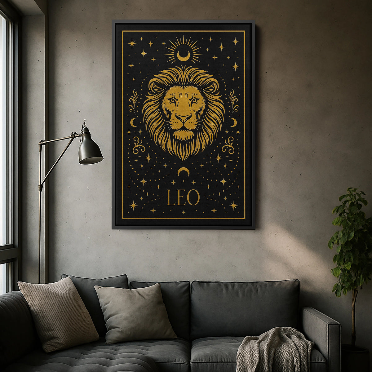 Çerçevesiz kanvas tablo olarak sunulan Leo temalı bu astroloji tasarımı, siyah zemin üzerinde altın aslan figürü, yıldızlar ve burç sembollü detaylarla güçlü ve lüks bir görünüm sağlar. Yüksek çözünürlüklü dijital baskısı sayesinde modern salon, ofis ve genç odaları için dikkat çekici dekoratif bir FabricUp duvar sanatıdır.