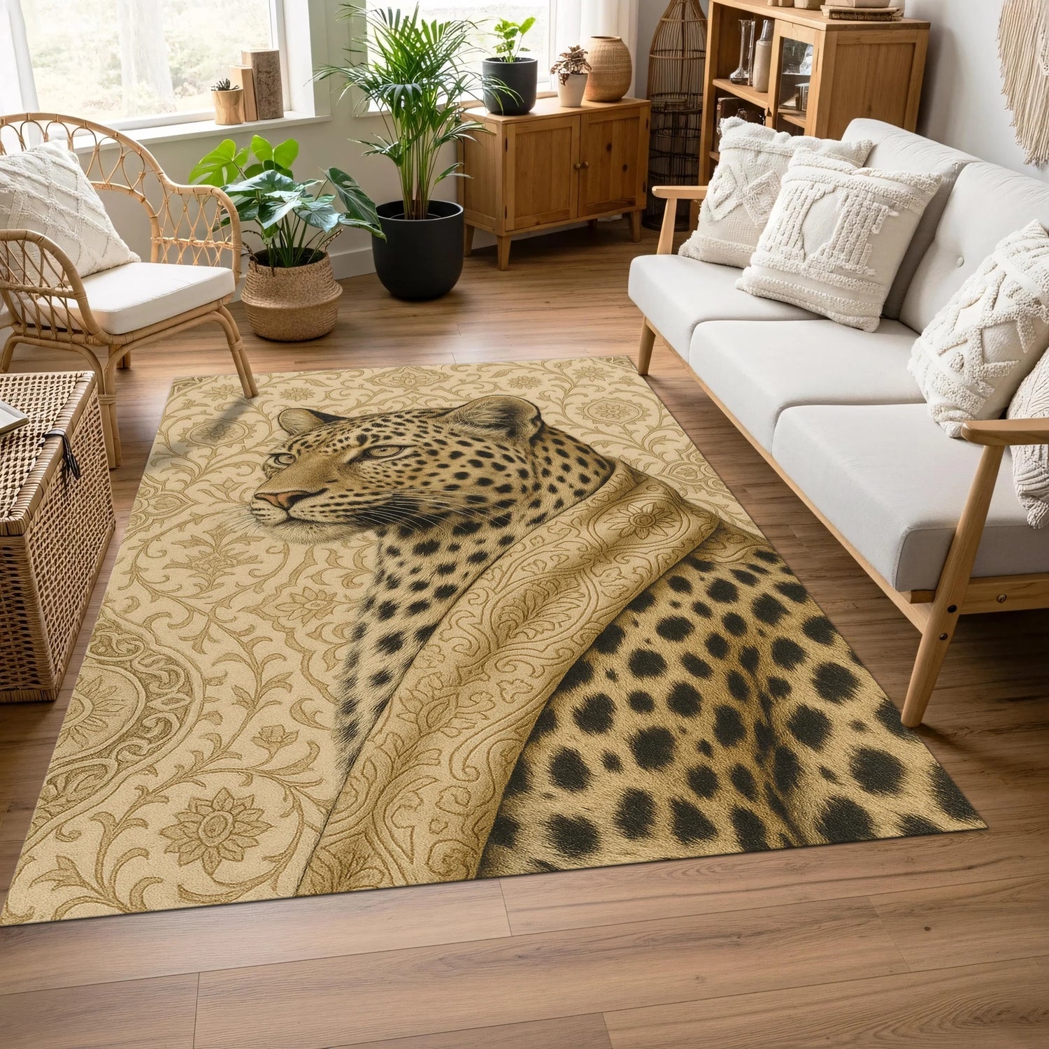 Bej ve altın tonların hakim olduğu zemin üzerinde gerçekçi leopar portresi ve klasik oryantal desenlerle tasarlanmış dijital baskı halı, güçlü hayvan figürü ile zarif motifleri bir araya getiren sanatsal bir kompozisyon sunar. Yüksek çözünürlüklü baskı sayesinde benek detayları, yüz hatları ve desen konturları net ve dengeli görünür. Salon, ofis, giriş alanı ve konsept mekanlarda kullanılabilecek bu özel tasarım, doğa teması ve klasik estetiği birleştiren FabricUp koleksiyonuna aittir.
