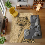 Merkezinde profilden betimlenmiş leopar başı bulunan, etrafı ince floral ve oryantal motiflerle çevrili açık tonlu dijital baskı halı, asil ve güçlü bir duruş sergileyen hayvan temalı bir tasarım sunar. Baskı kalitesinin yüksekliği sayesinde tüy dokusu, benek geçişleri ve arka plan desenleri keskin ve canlı şekilde algılanır. Salon, çalışma alanı, ofis ve butik mekanlarda estetik bir zemin etkisi oluşturabilecek bu halı, FabricUp markasının özgün üretimlerindendir.
