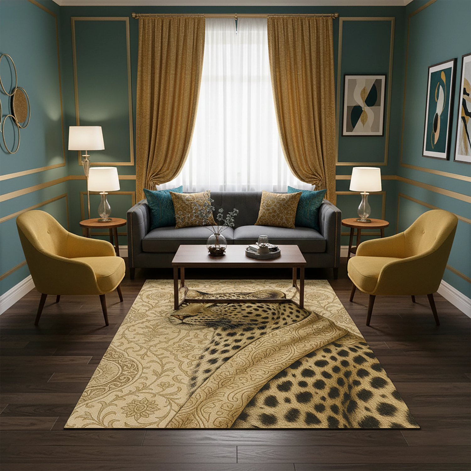 Oryantal süslemelerle zenginleştirilmiş bej fon üzerinde yer alan leopar figürü, klasik ve modern estetiği bir araya getiren dijital baskı halı tasarımında güçlü bir odak noktası oluşturur. Dijital baskı teknolojisi sayesinde desen bütünlüğü korunur, renk geçişleri pürüzsüz ve yüzey dokusu net görünür. Salon, ofis, galeri ve tematik mekanlarda karakterli bir zemin vurgusu arayanlar için FabricUp koleksiyonuna ait özel bir halıdır.
