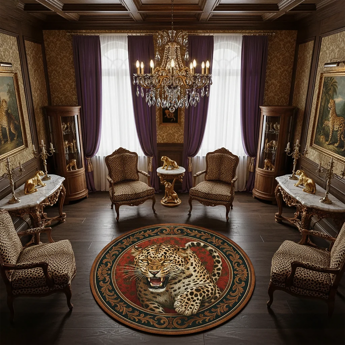 Yuvarlak formda tasarlanmış, merkezinde kükreyen leopar figürü bulunan dijital baskı halı, kırmızı zemin ve klasik oryantal bordür desenleriyle güçlü, vahşi ve dikkat çekici bir kompozisyon sunar. Yüksek çözünürlüklü baskı sayesinde tüy dokuları, yüz ifadesi ve benek detayları net biçimde görünür. Salon, antre, ofis ve konsept mekanlarda odak noktası oluşturabilecek bu tasarım, doğa temalı dekorasyonu sevenler için etkileyici bir zemin çözümüdür. FabricUp koleksiyonuna ait sanatsal bir halıdır.
