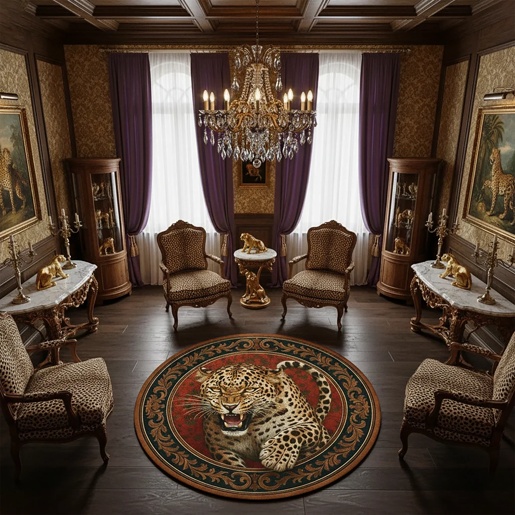 Yuvarlak formda tasarlanmış, merkezinde kükreyen leopar figürü bulunan dijital baskı halı, kırmızı zemin ve klasik oryantal bordür desenleriyle güçlü, vahşi ve dikkat çekici bir kompozisyon sunar. Yüksek çözünürlüklü baskı sayesinde tüy dokuları, yüz ifadesi ve benek detayları net biçimde görünür. Salon, antre, ofis ve konsept mekanlarda odak noktası oluşturabilecek bu tasarım, doğa temalı dekorasyonu sevenler için etkileyici bir zemin çözümüdür. FabricUp koleksiyonuna ait sanatsal bir halıdır.
