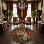 Gerçekçi leopar yüzü ve etrafını saran klasik desenli yuvarlak çerçevesiyle tasarlanan dijital baskı halı, sıcak kırmızı zemin üzerinde güçlü kontrast ve derinlik oluşturur. Yüksek çözünürlüklü üretim tekniği sayesinde benek yapısı, göz detayları ve desen konturları net şekilde algılanır. Salon, ofis, galeri ve konsept alanlarda dekoratif vurgu sağlayan bu tasarım, doğa ve lüks temasını bir arada sunan FabricUp imzalı özel bir halıdır.
