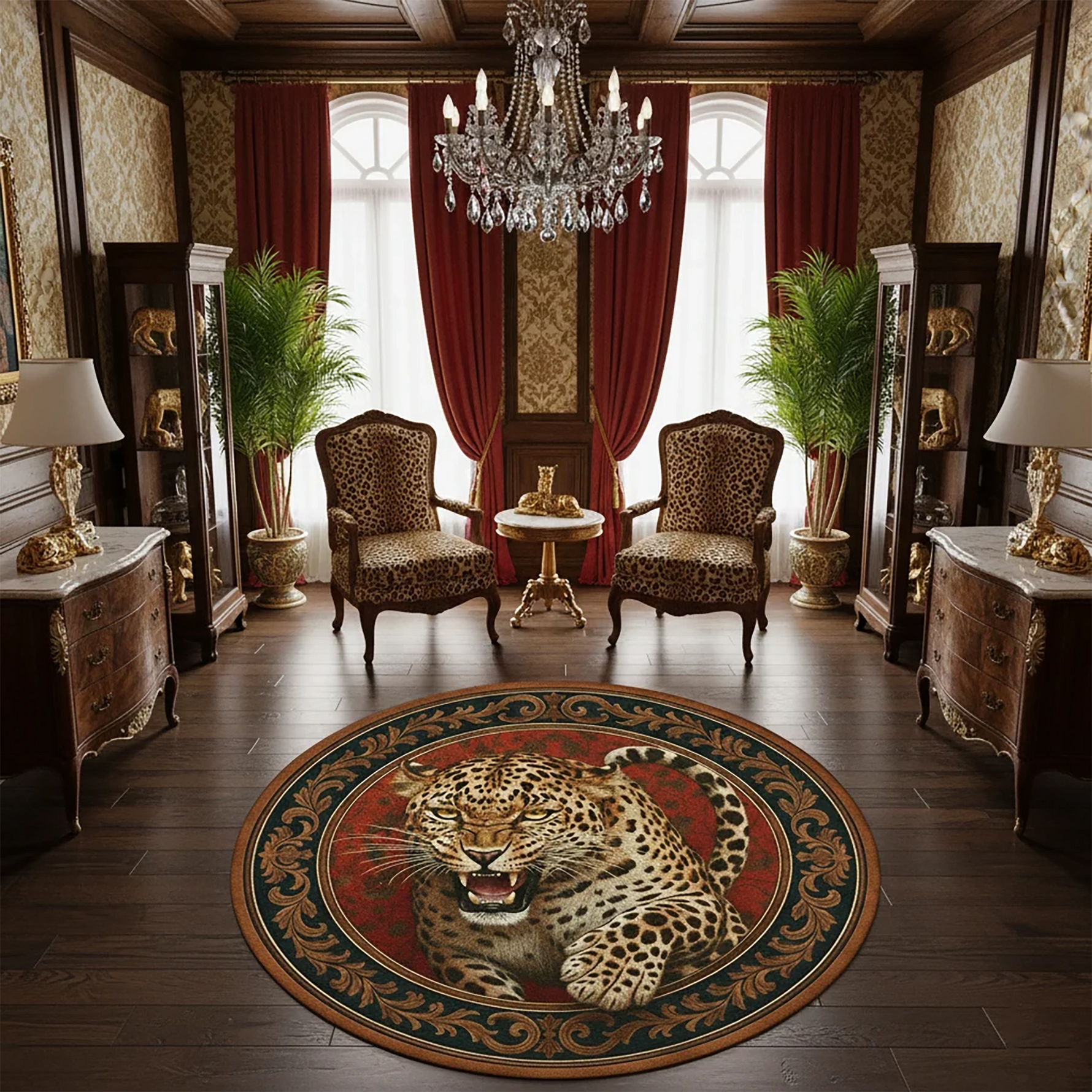 Gerçekçi leopar yüzü ve etrafını saran klasik desenli yuvarlak çerçevesiyle tasarlanan dijital baskı halı, sıcak kırmızı zemin üzerinde güçlü kontrast ve derinlik oluşturur. Yüksek çözünürlüklü üretim tekniği sayesinde benek yapısı, göz detayları ve desen konturları net şekilde algılanır. Salon, ofis, galeri ve konsept alanlarda dekoratif vurgu sağlayan bu tasarım, doğa ve lüks temasını bir arada sunan FabricUp imzalı özel bir halıdır.
