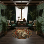 Kırmızı ve siyah tonların hakim olduğu, merkezinde detaylı leopar portresi yer alan yuvarlak dijital baskı halı, simetrik bordür yapısı ve oryantal motifleriyle klasik ve modern tarzı birleştirir. Baskı kalitesinin yüksekliği sayesinde yüzeydeki çizgiler keskin, renk geçişleri dengeli ve dokular belirgindir. Salon, çalışma alanı, butik mağaza ve otel odaları için karakterli bir zemin tasarımı sunan bu halı, FabricUp markasının özgün üretimleri arasında yer alır.
