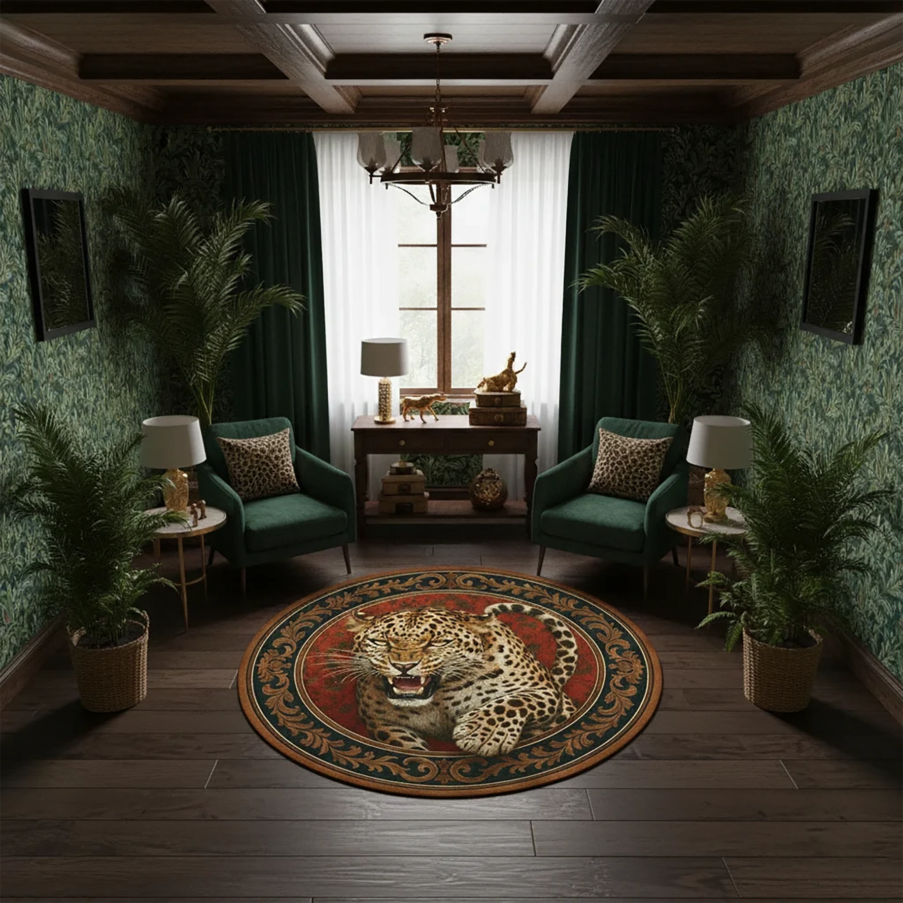 Kırmızı ve siyah tonların hakim olduğu, merkezinde detaylı leopar portresi yer alan yuvarlak dijital baskı halı, simetrik bordür yapısı ve oryantal motifleriyle klasik ve modern tarzı birleştirir. Baskı kalitesinin yüksekliği sayesinde yüzeydeki çizgiler keskin, renk geçişleri dengeli ve dokular belirgindir. Salon, çalışma alanı, butik mağaza ve otel odaları için karakterli bir zemin tasarımı sunan bu halı, FabricUp markasının özgün üretimleri arasında yer alır.
