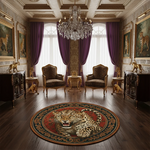 Merkezinde agresif duruşa sahip leopar illüstrasyonu bulunan, etrafı simetrik klasik motiflerle çevrili yuvarlak dekoratif halı, kırmızı ve altın tonlarıyla zengin bir görsel etki yaratır. Dijital baskı kalitesi sayesinde renk doygunluğu yüksek, yüzey dokusu net ve desen bütünlüğü kusursuzdur. Salon, giriş alanı, ofis ve butik mekanlarda güçlü bir zemin odağı oluşturmak isteyenler için ideal olan bu tasarım, FabricUp koleksiyonunun dikkat çeken parçalarındandır.
