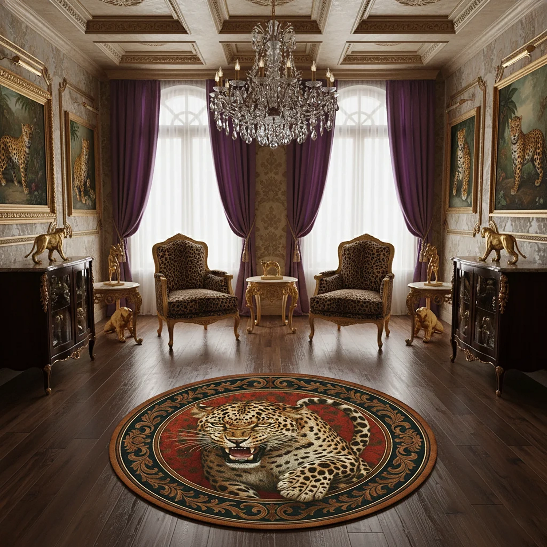 Merkezinde agresif duruşa sahip leopar illüstrasyonu bulunan, etrafı simetrik klasik motiflerle çevrili yuvarlak dekoratif halı, kırmızı ve altın tonlarıyla zengin bir görsel etki yaratır. Dijital baskı kalitesi sayesinde renk doygunluğu yüksek, yüzey dokusu net ve desen bütünlüğü kusursuzdur. Salon, giriş alanı, ofis ve butik mekanlarda güçlü bir zemin odağı oluşturmak isteyenler için ideal olan bu tasarım, FabricUp koleksiyonunun dikkat çeken parçalarındandır.
