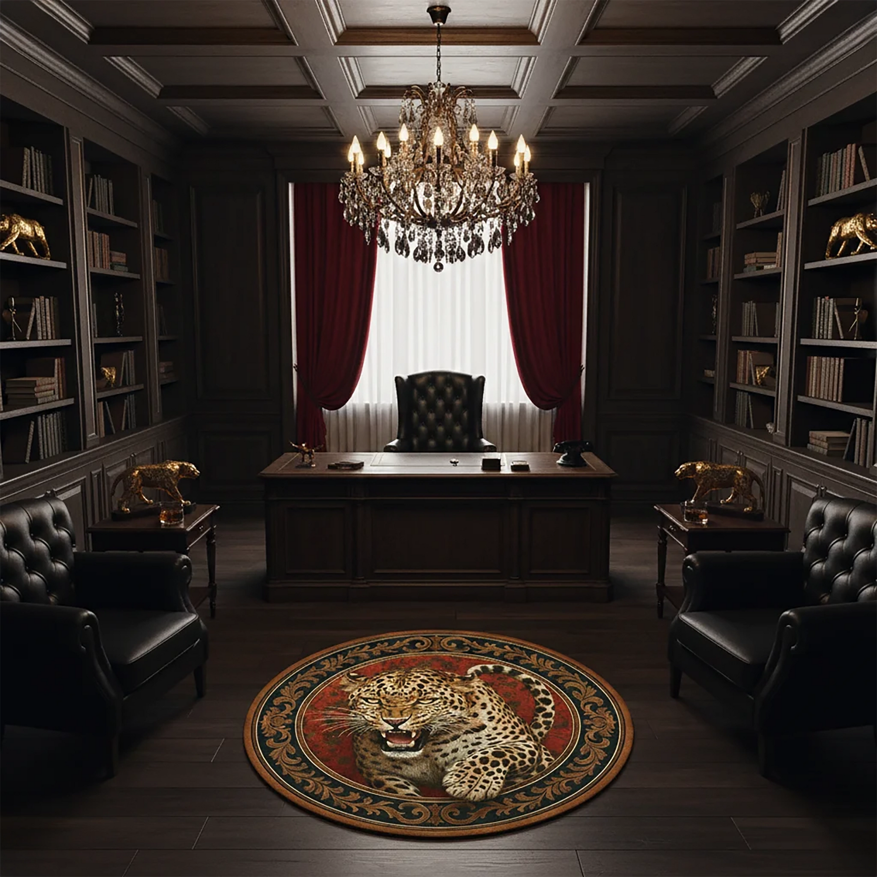 Oryantal bordür çerçevesi içinde yer alan kükreyen leopar figürüyle tasarlanmış yuvarlak dijital baskı halı, vahşi doğa temasını klasik halı estetiğiyle birleştirir. Yüksek çözünürlüklü baskı teknolojisi sayesinde tüy dokuları, yüz hatları ve desen geçişleri son derece net ve canlı görünür. Salon, ofis, otel ve konsept mekanlarda güçlü ve prestijli bir atmosfer yaratmak isteyenler için FabricUp tarafından üretilmiş özgün bir zemin tasarımıdır.
