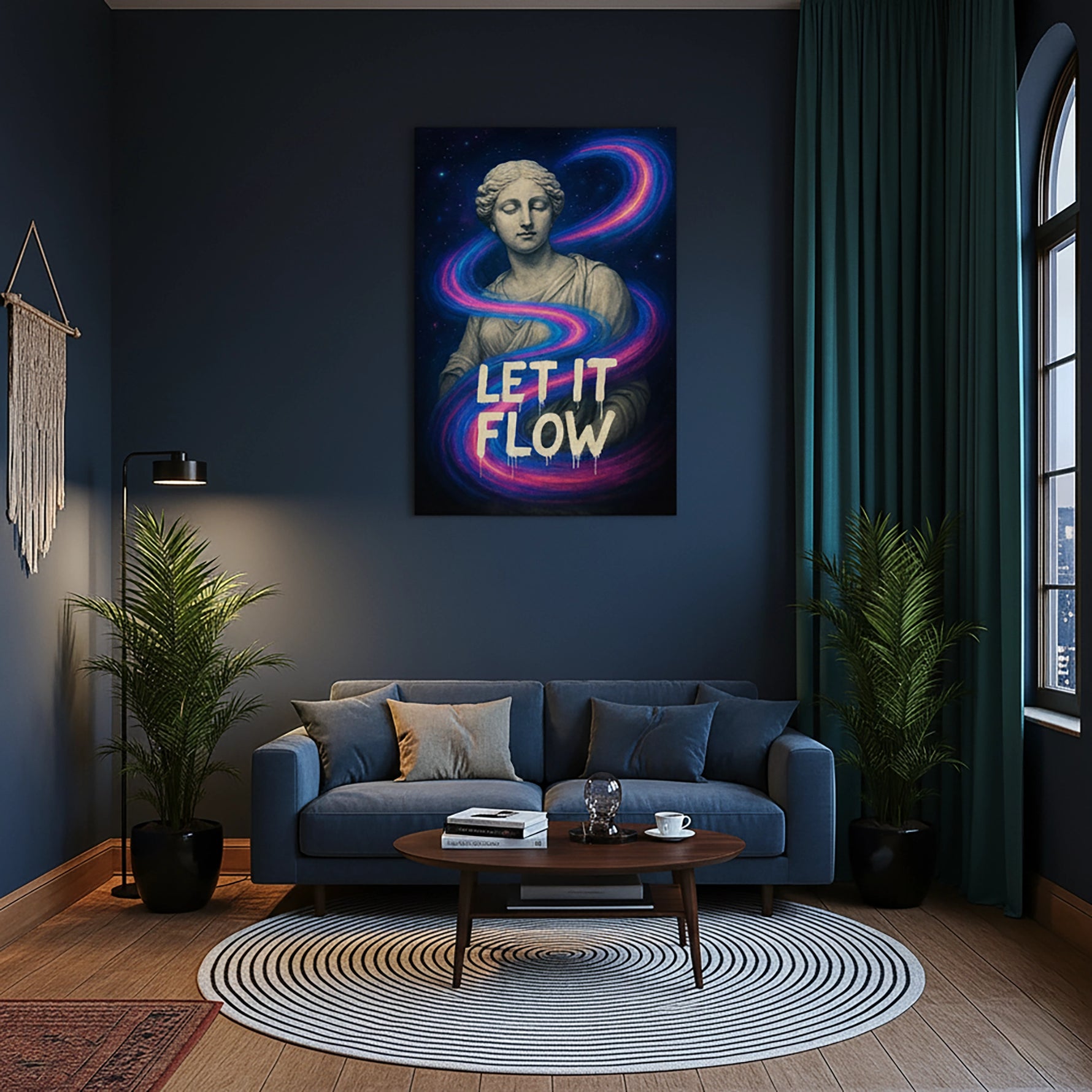 Çerçevesiz kanvas tablo, klasik heykel büstü ve galaksi arka plan üzerinde neon akış çizgileriyle tasarlanmış modern ve sanatsal duvar dekoru sunar. Yüksek çözünürlüklü baskı kalitesine sahip FabricUp dijital baskı, estetik, premium ve çağdaş dekorasyon için ideal bir sanat eseridir.