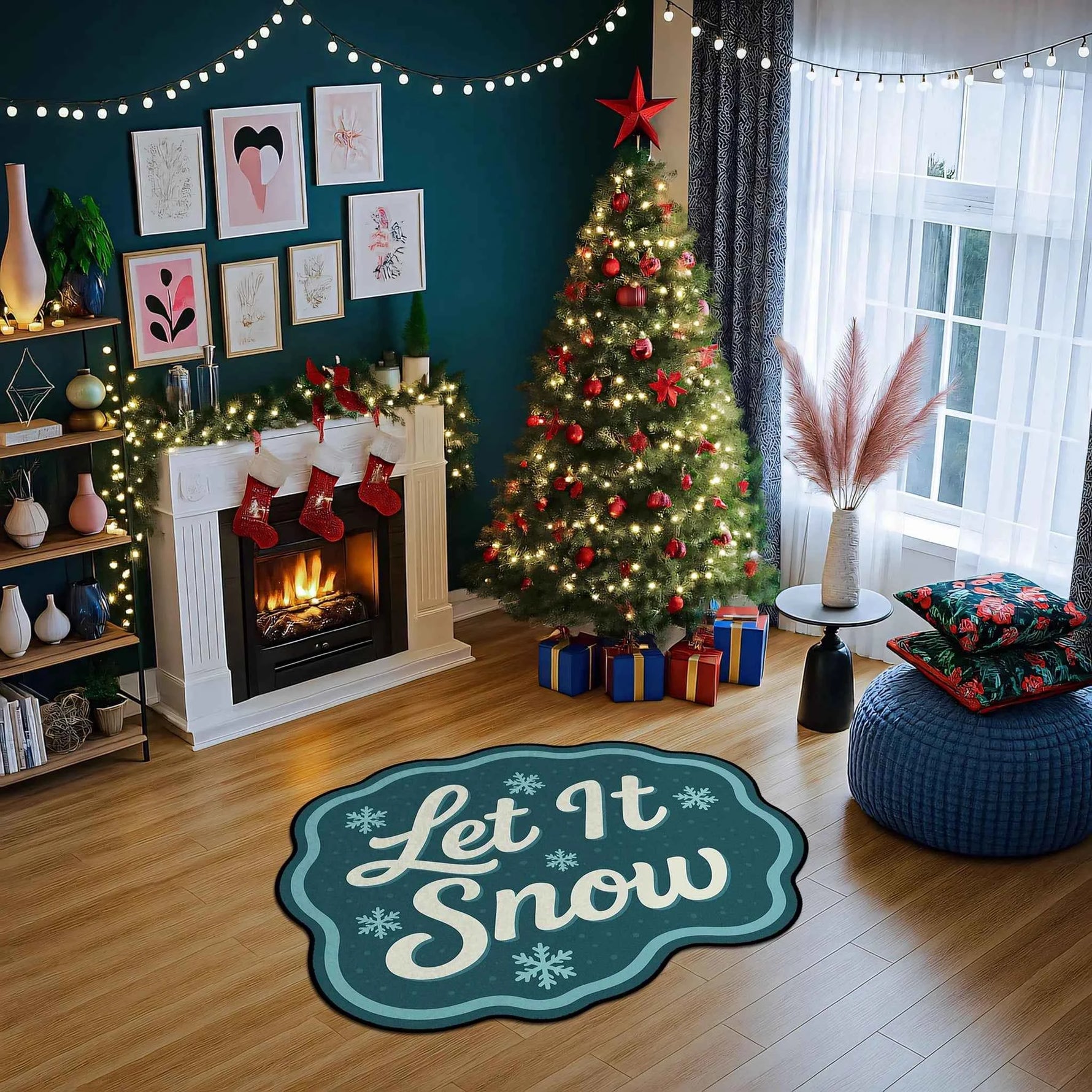 "Let It Snow" Yazılı ve Kar Tanesi Desenli Mavi Yılbaşı Halısı