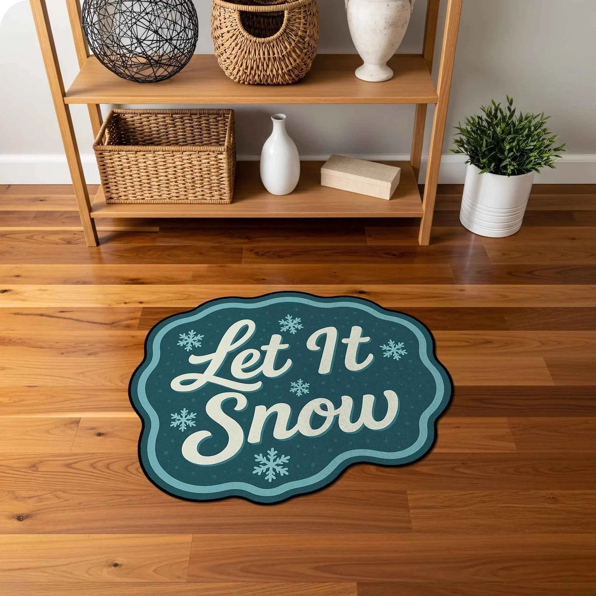 "Let It Snow" Yazılı ve Kar Tanesi Desenli Mavi Yılbaşı Halısı