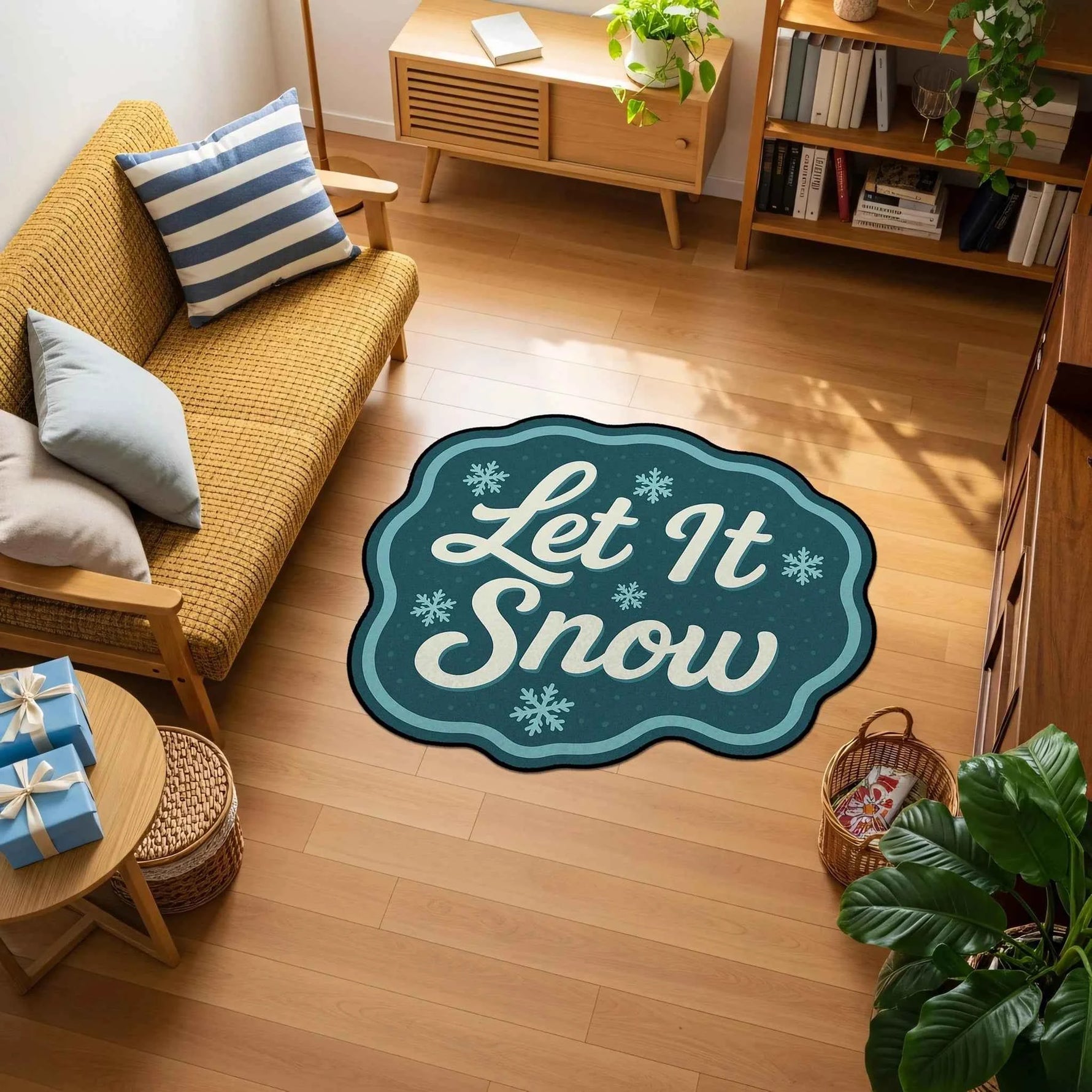 "Let It Snow" Yazılı ve Kar Tanesi Desenli Mavi Yılbaşı Halısı