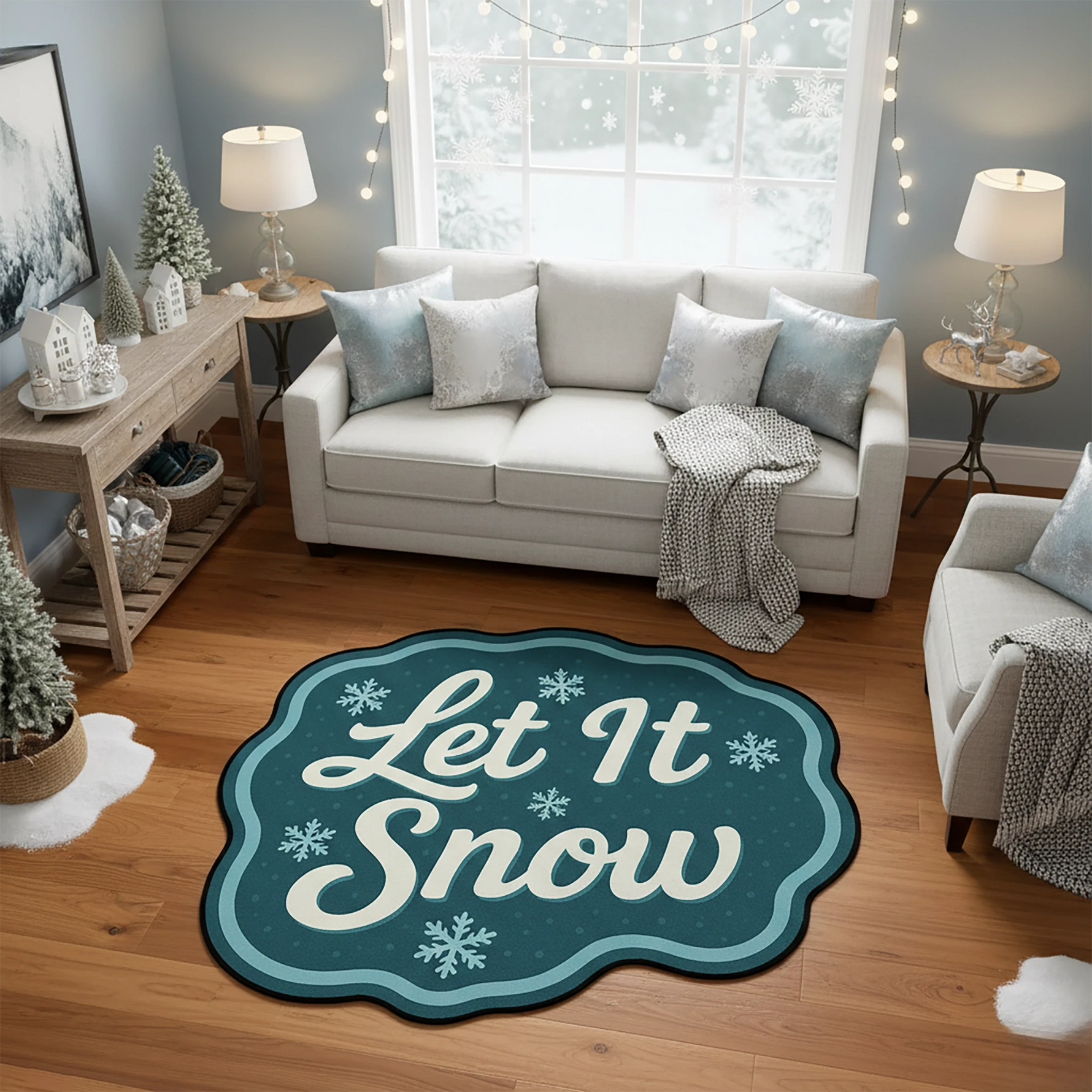 "Let It Snow" Yazılı ve Kar Tanesi Desenli Mavi Yılbaşı Halısı