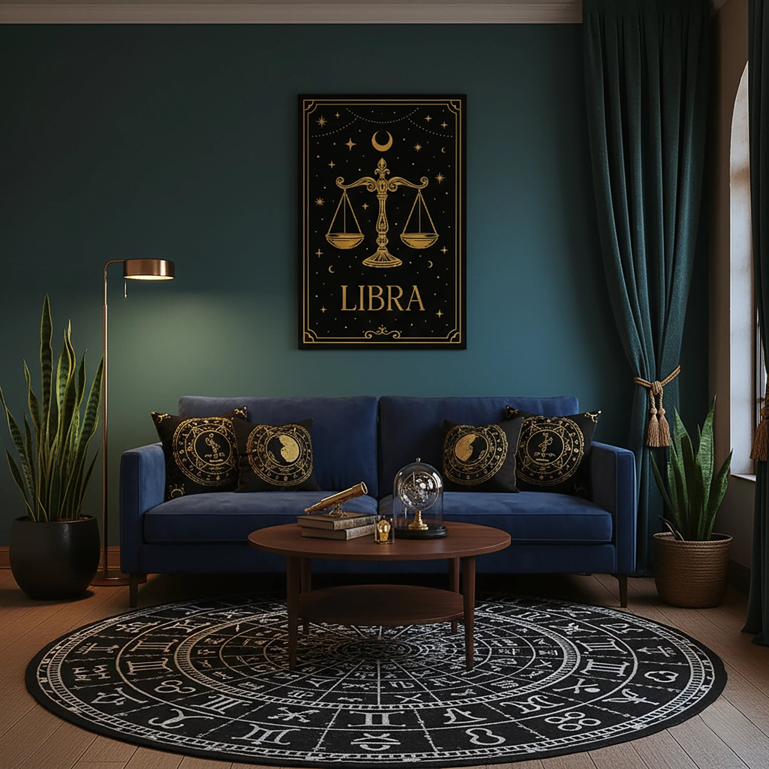Çerçevesiz kanvas tablo olarak tasarlanan bu Libra burcu duvar dekoru, siyah zemin üzerinde altın terazi sembolü, ay ve yıldız motifleriyle mistik ve dengeli bir atmosfer sunar. Modern astroloji temalı dekorasyon sevenler için yüksek çözünürlüklü FabricUp dijital baskı sanat eseridir.