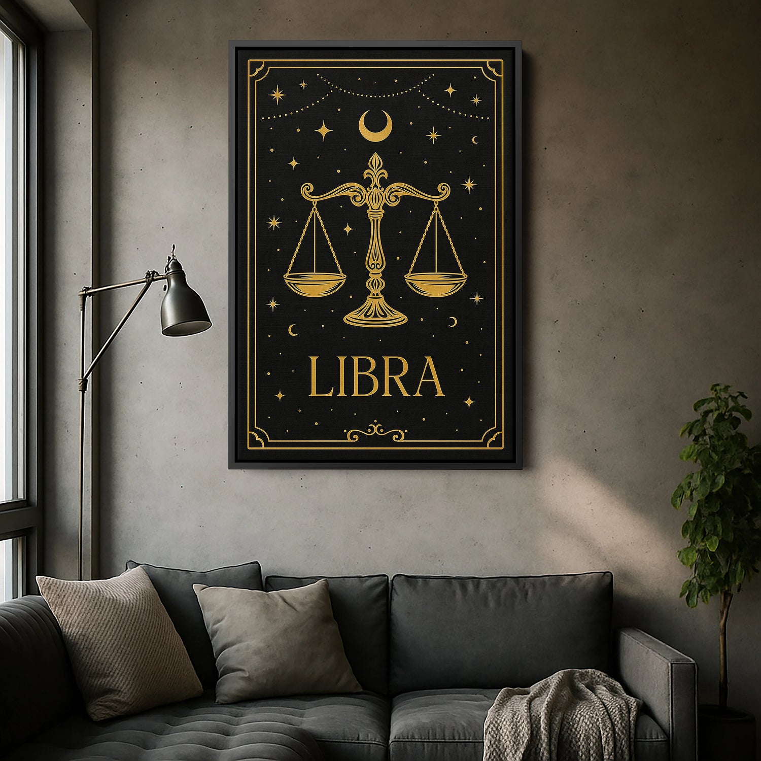 Siyah çerçeveli kanvas tablo versiyonunda koyu çerçeve kontrastı altın çizgileri ve burç ikonografisini daha belirgin hale getirir. Salon, ofis ve çalışma alanlarında sofistike bir odak noktası oluşturan Libra temalı premium FabricUp duvar sanatı tasarımıdır.