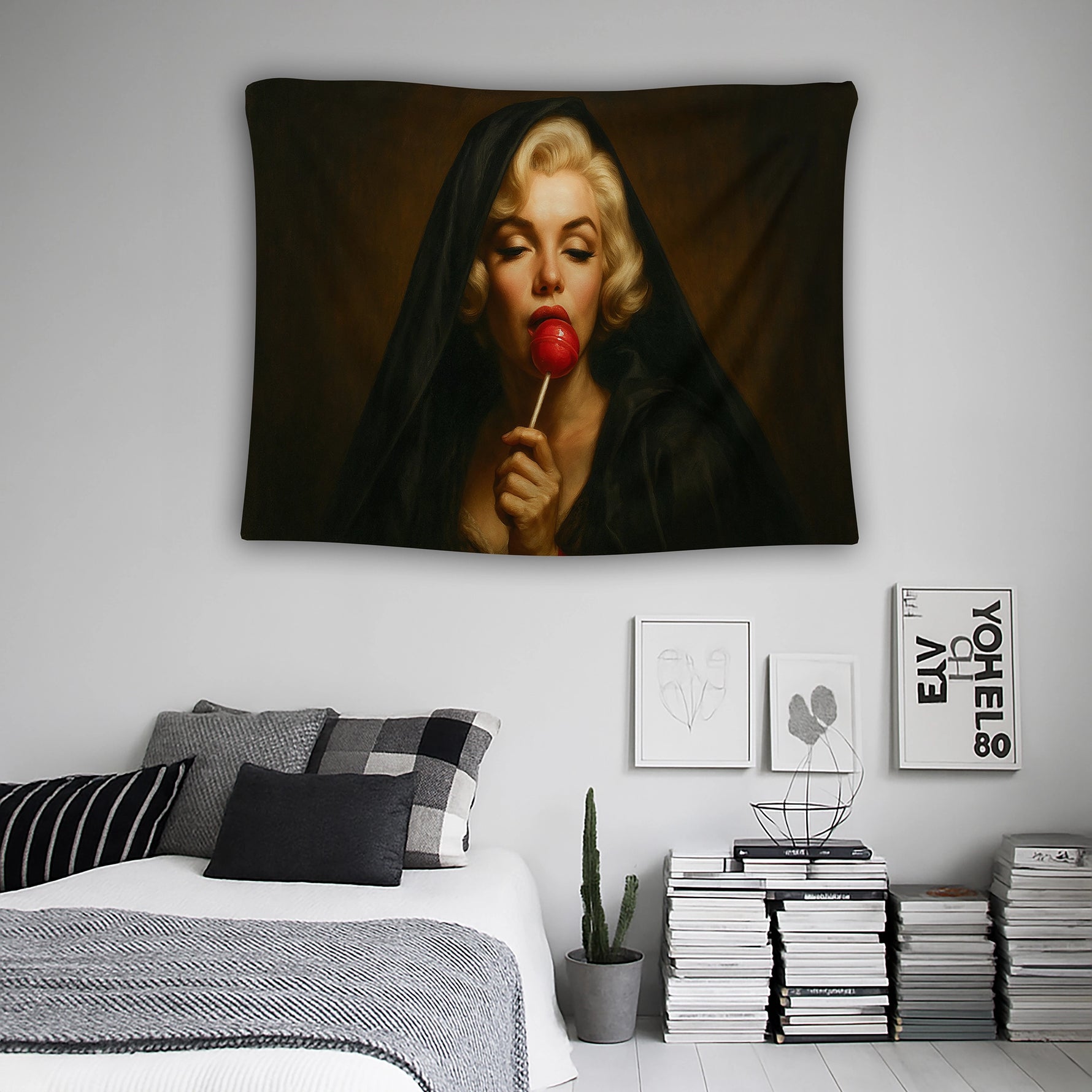 Pop art ve retro stilin birleştiği bu FabricUp duvar örtüsü, siyah arka plan üzerinde öne çıkan kırmızı aksesuarla güçlü bir odak noktası oluşturur. Dayanıklı baskı yüzeyi sayesinde detaylar uzun süre canlı ve parlak görünümünü korur.