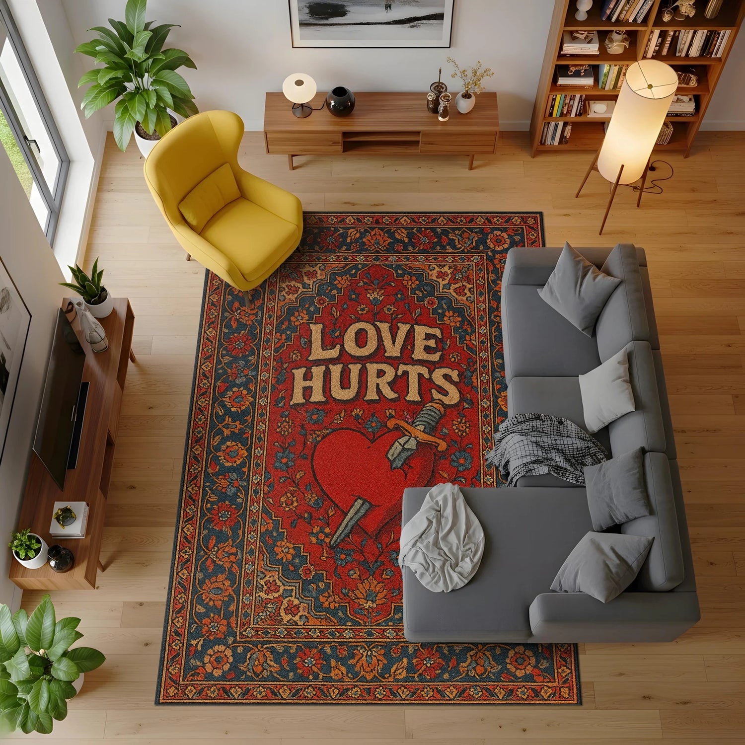 Oryantal stil çerçeve içinde konumlandırılmış, ortasında hançer saplı kırmızı kalp figürü ve üzerinde krem tonlu “Cold Heart” yazısı bulunan, turkuaz ve kırmızı renk paletiyle hazırlanan, vintage halı estetiğinde tipografik baskı yüzeyi.
