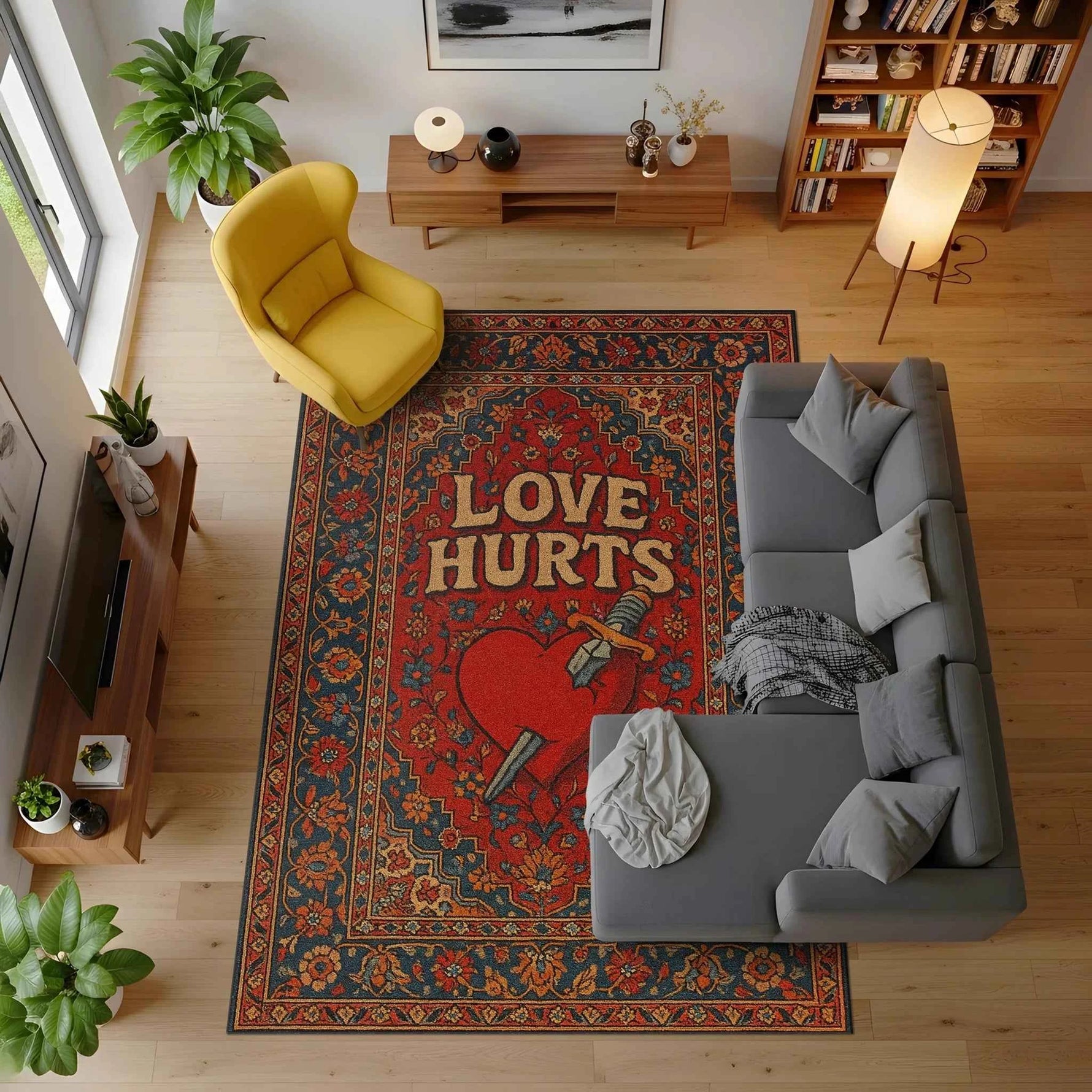 "Love Hurts" Yazılı Kalp ve Hançer Desenli Sanatsal Kırmızı Halı
