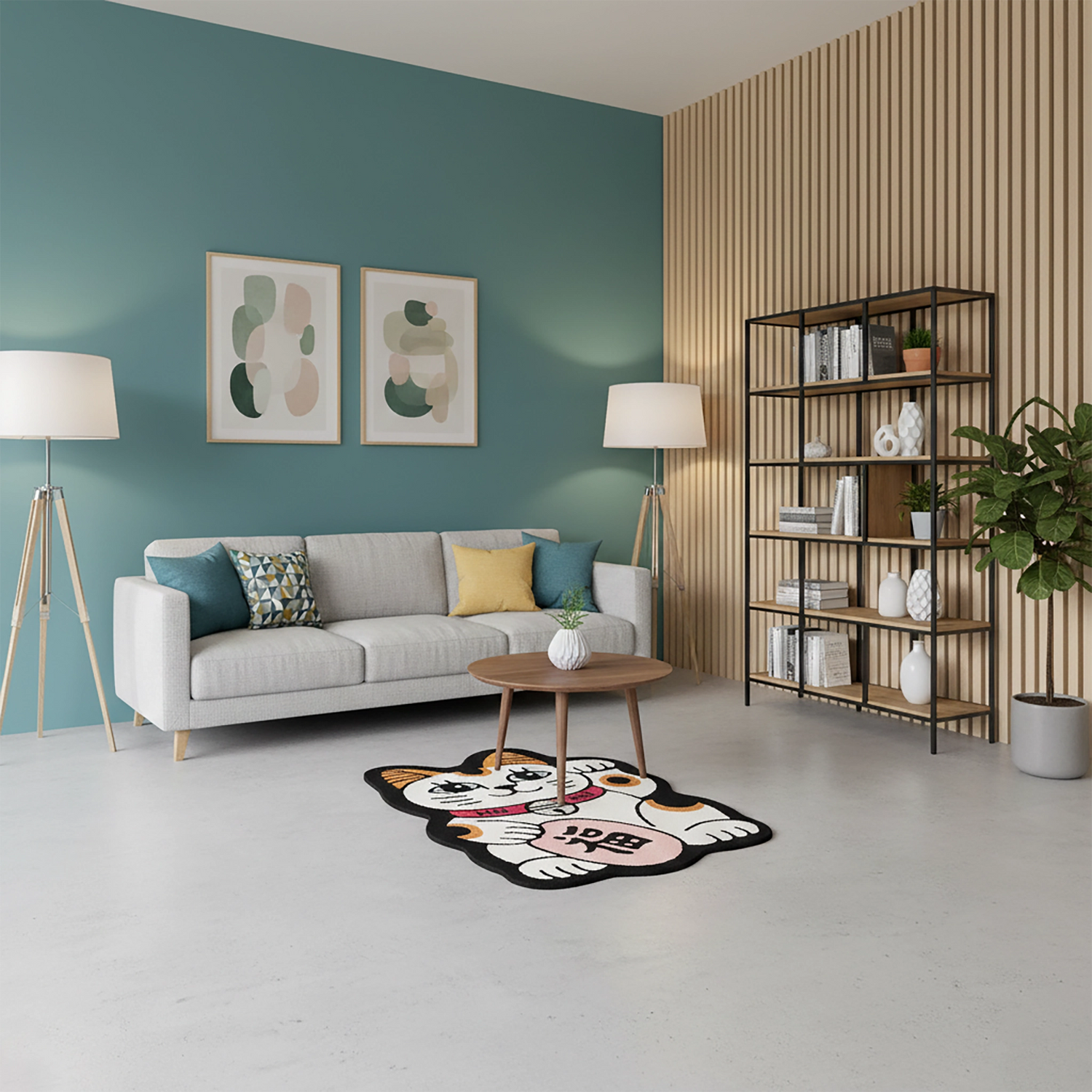 Maneki Neko figürlü özel kesim halı; büyük mavi gözler, kalkık sağ patisi, pembe madeni para üzerinde Çin “福” mutluluk sembolü, siyah kenar hatları ve turuncu-beyaz renk paletiyle, sevimli ve net hatlara sahip, modern illüstrasyon tarzında tasarım.
