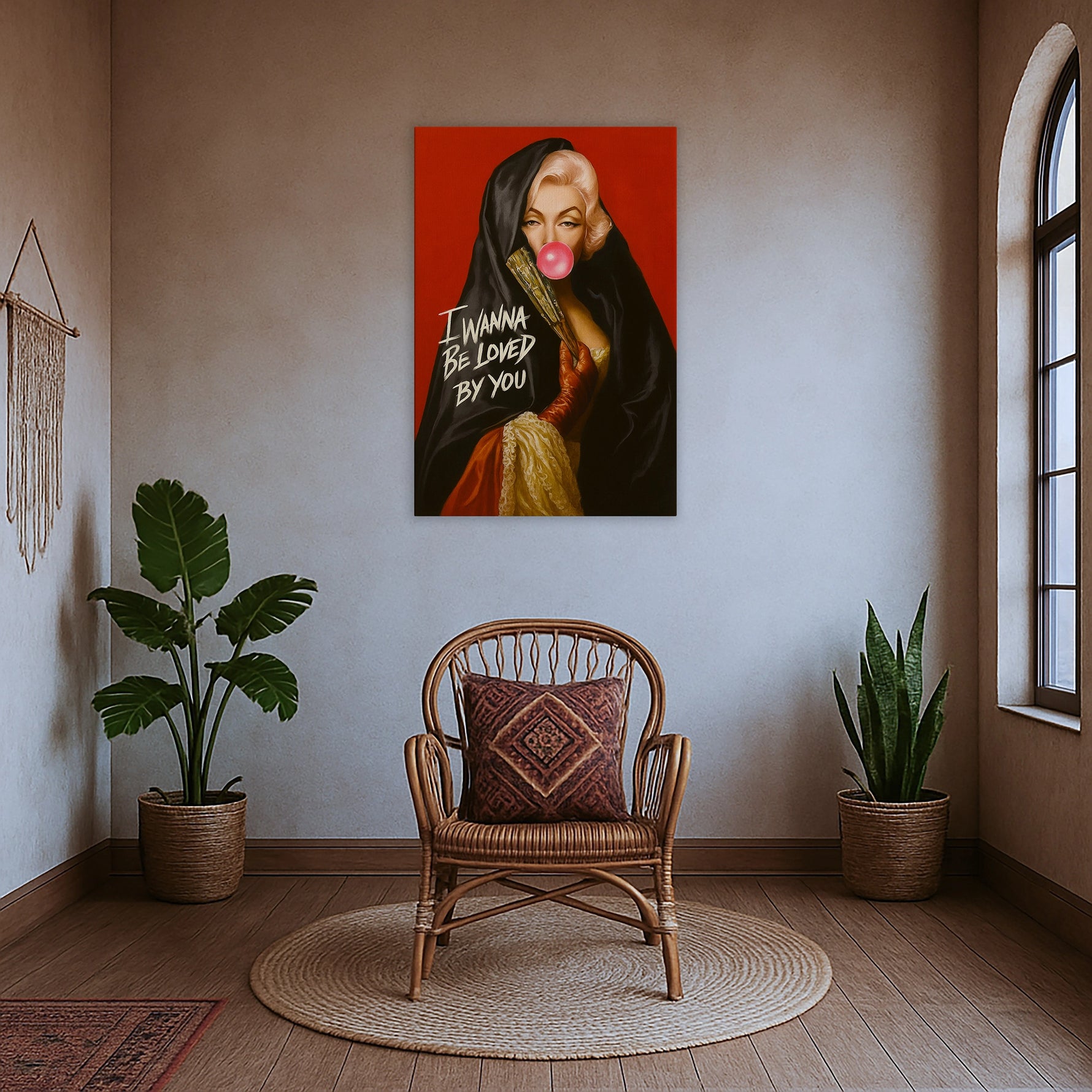Çerçevesiz modern kanvas tablo, sakız patlatan kadın figürlü pop art illüstrasyonu ve canlı renkleriyle dikkat çeken sanatsal duvar dekoru tasarımıdır. FabricUp dijital baskı sayesinde yüksek çözünürlüklü, net ve dayanıklı yüzey sunarak çağdaş dekorasyonlara estetik bir karakter kazandırır.