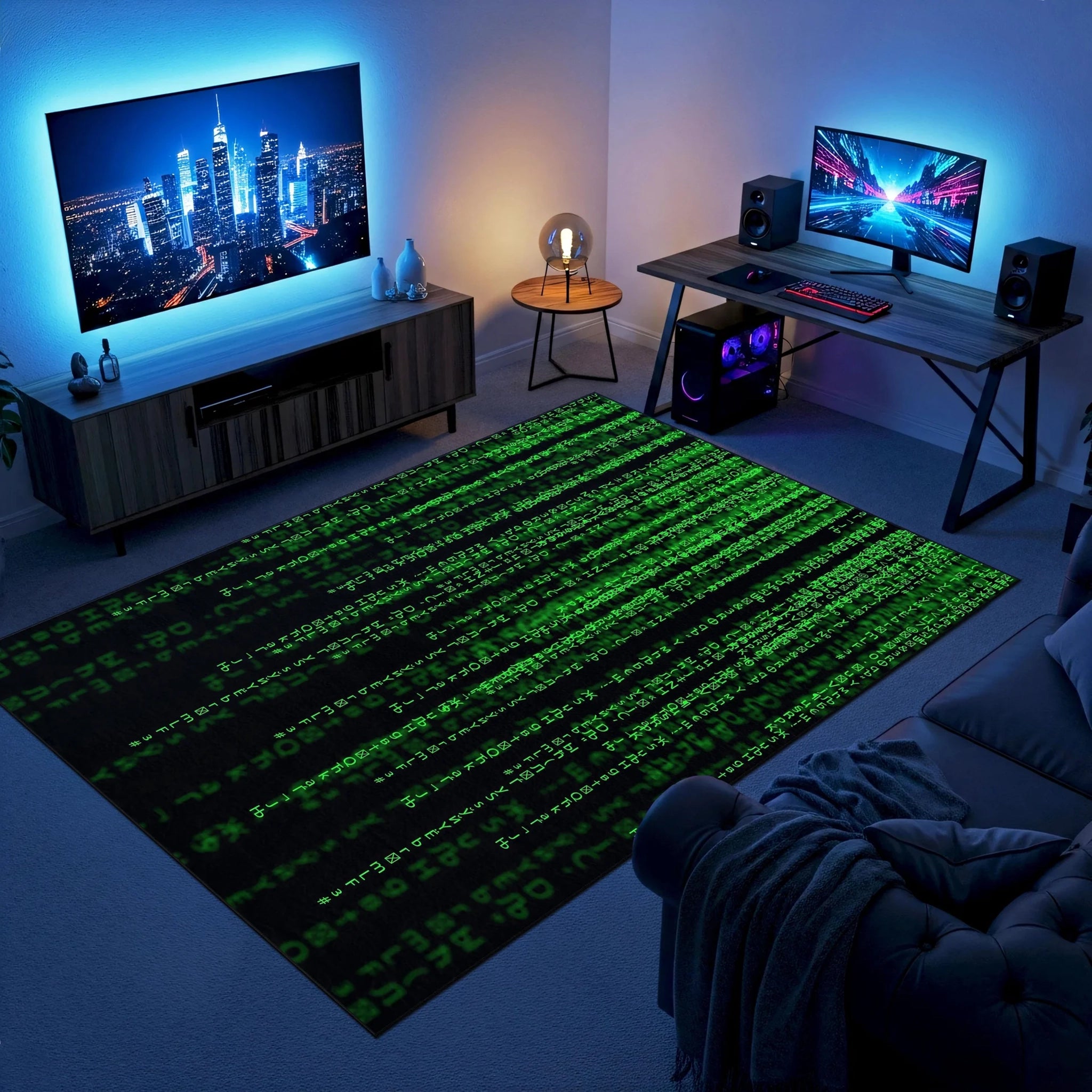 Siyah zemin üzerinde neon yeşil dijital karakter akışlarıyla oluşturulmuş modern halı; Matrix benzeri kod teması, satır halinde akan sayısal ve sembolik desenler, yüksek kontrastlı renk yapısı ve futuristik siber estetik.