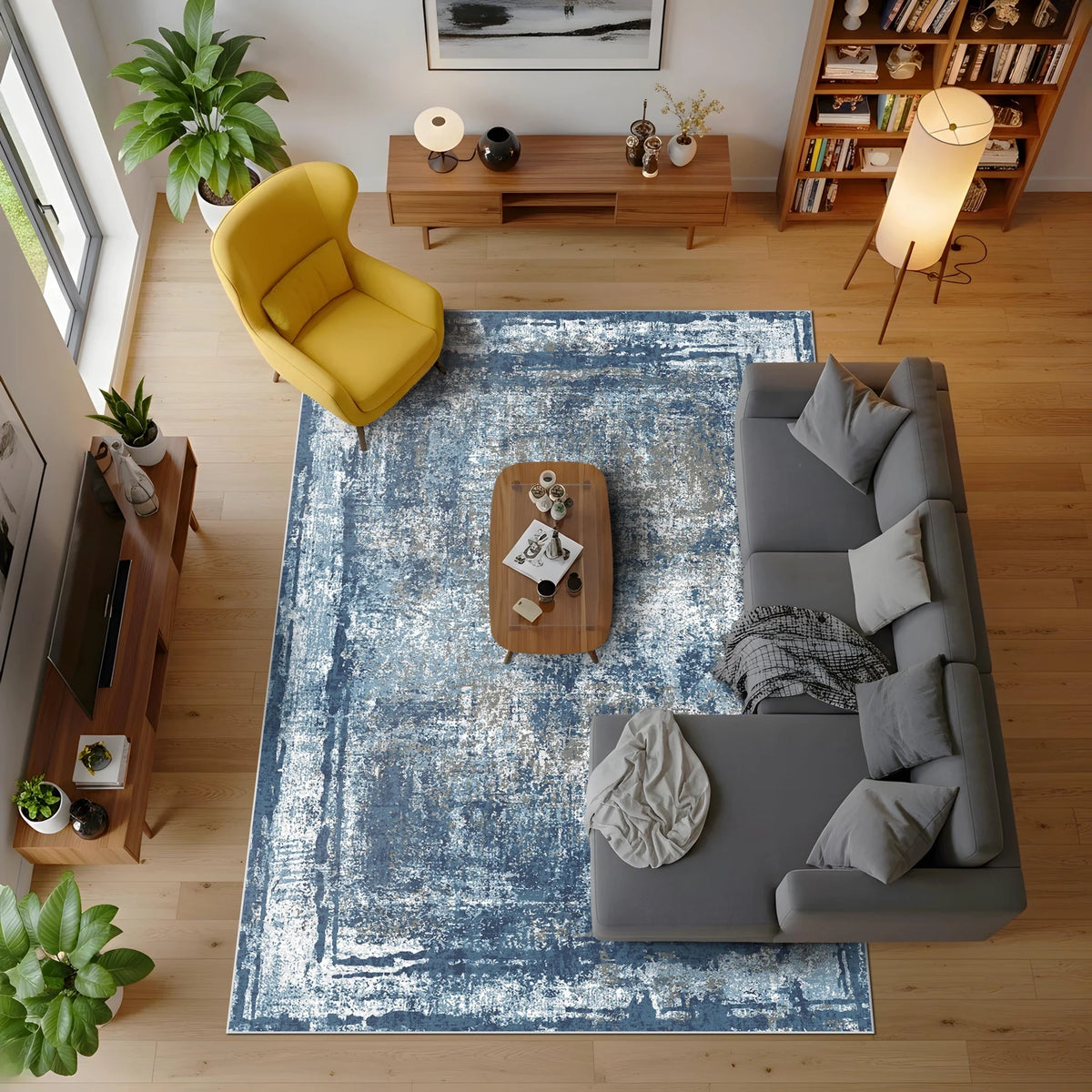 Katmanlı boya efekti, mavi ve gri renk harmonisi ve eskitme dokusuyla tasarlanmış bu modern dijital baskı halı, contemporary stil, abstract desen ve sade lüks dekorasyon temaları için ideal bir zemin sunar.
