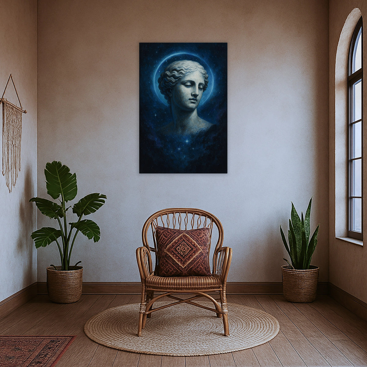 Çerçevesiz modern kanvas tablo, uzay temalı galaksi efektleri ve heykel başı illüstrasyonuyla tasarlanmış özgün bir duvar dekoru modelidir. FabricUp dijital baskı teknolojisi sayesinde yüksek çözünürlüklü, net ve dayanıklı yüzey sunarak çağdaş dekorasyonlara karakter kazandırır.