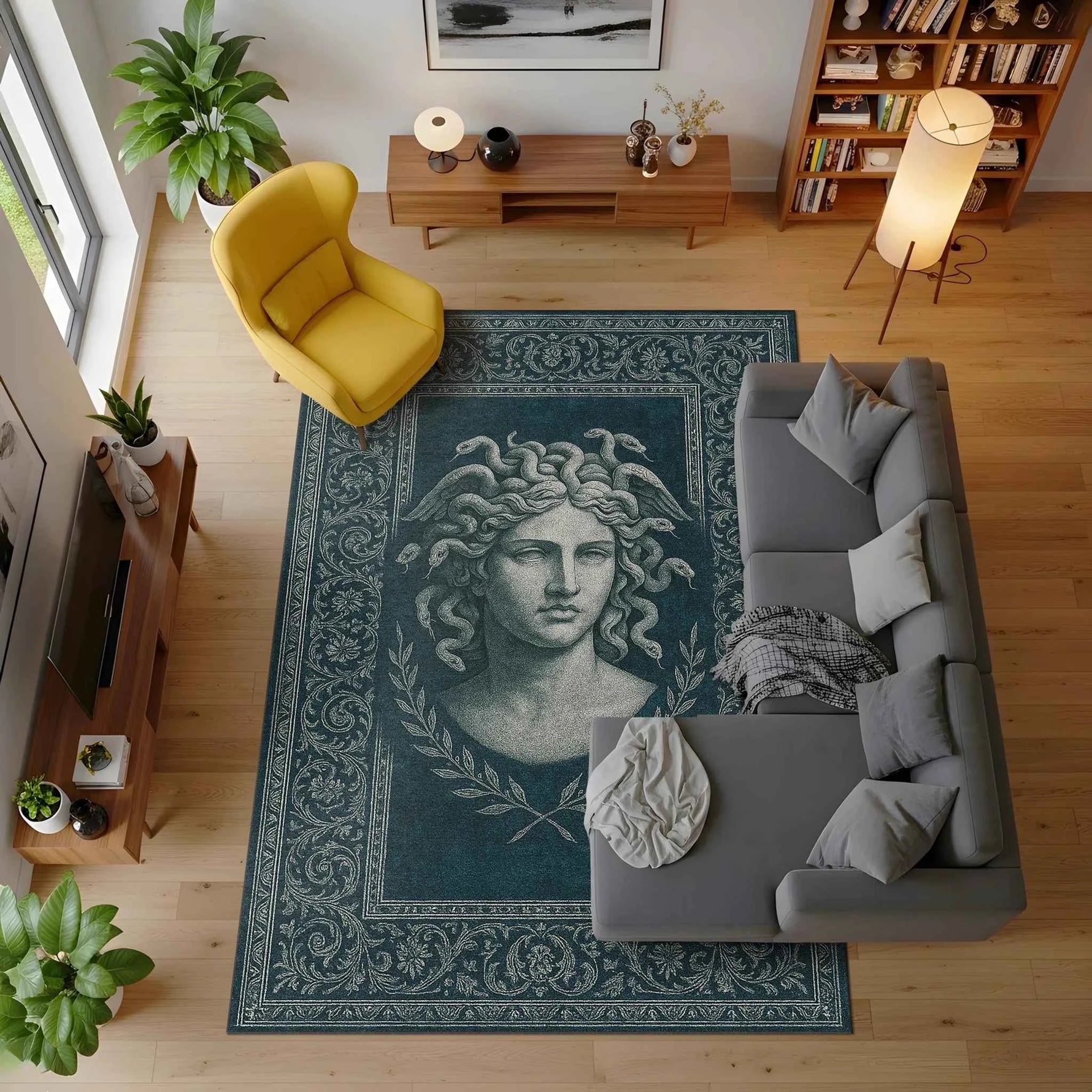 Medusa Büstü Desenli Lacivert Antik Halı