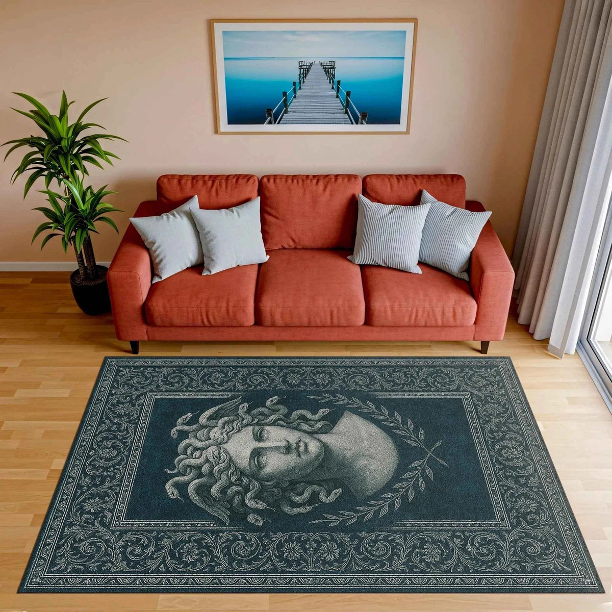 Medusa Büstü Desenli Lacivert Antik Halı