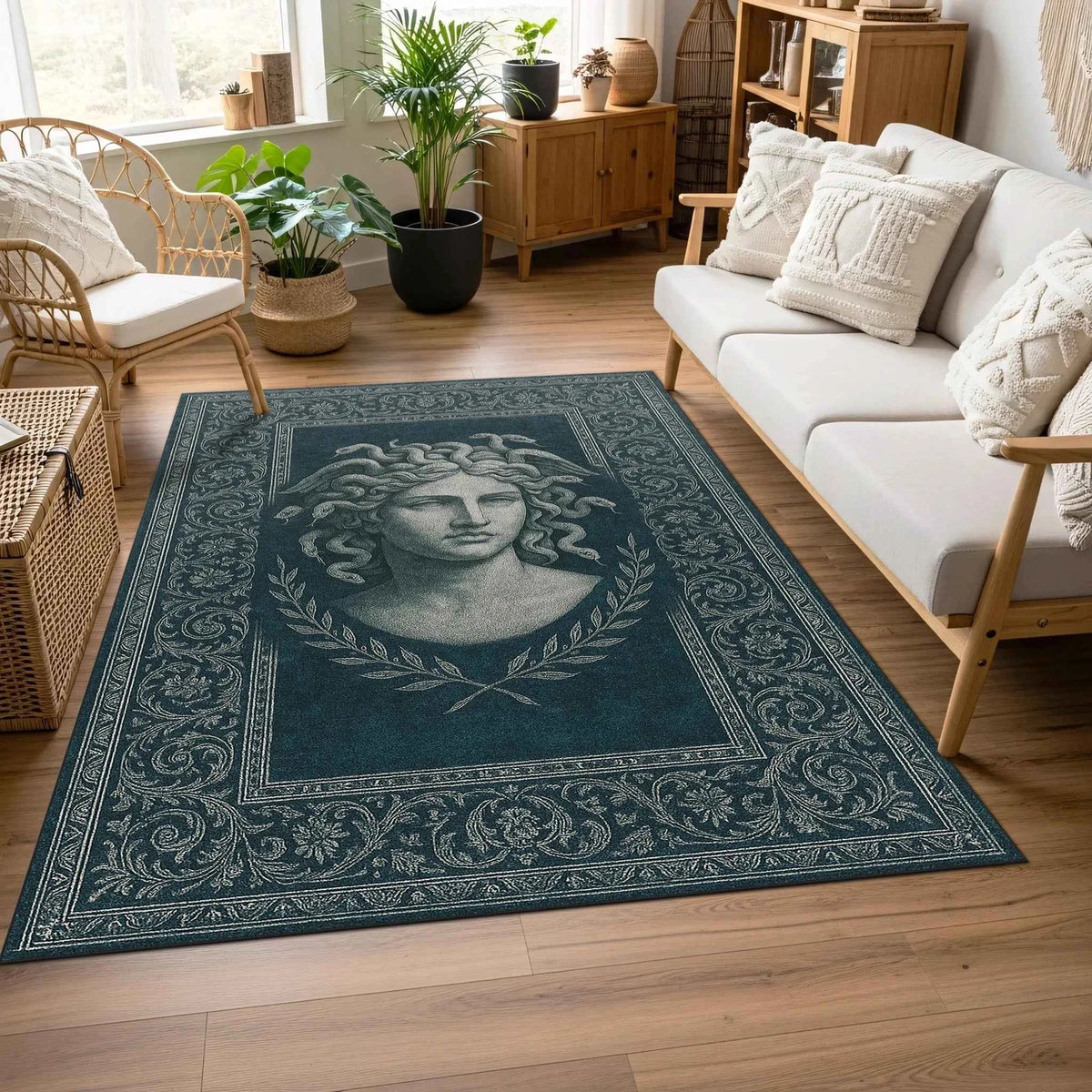 Medusa Büstü Desenli Lacivert Antik Halı