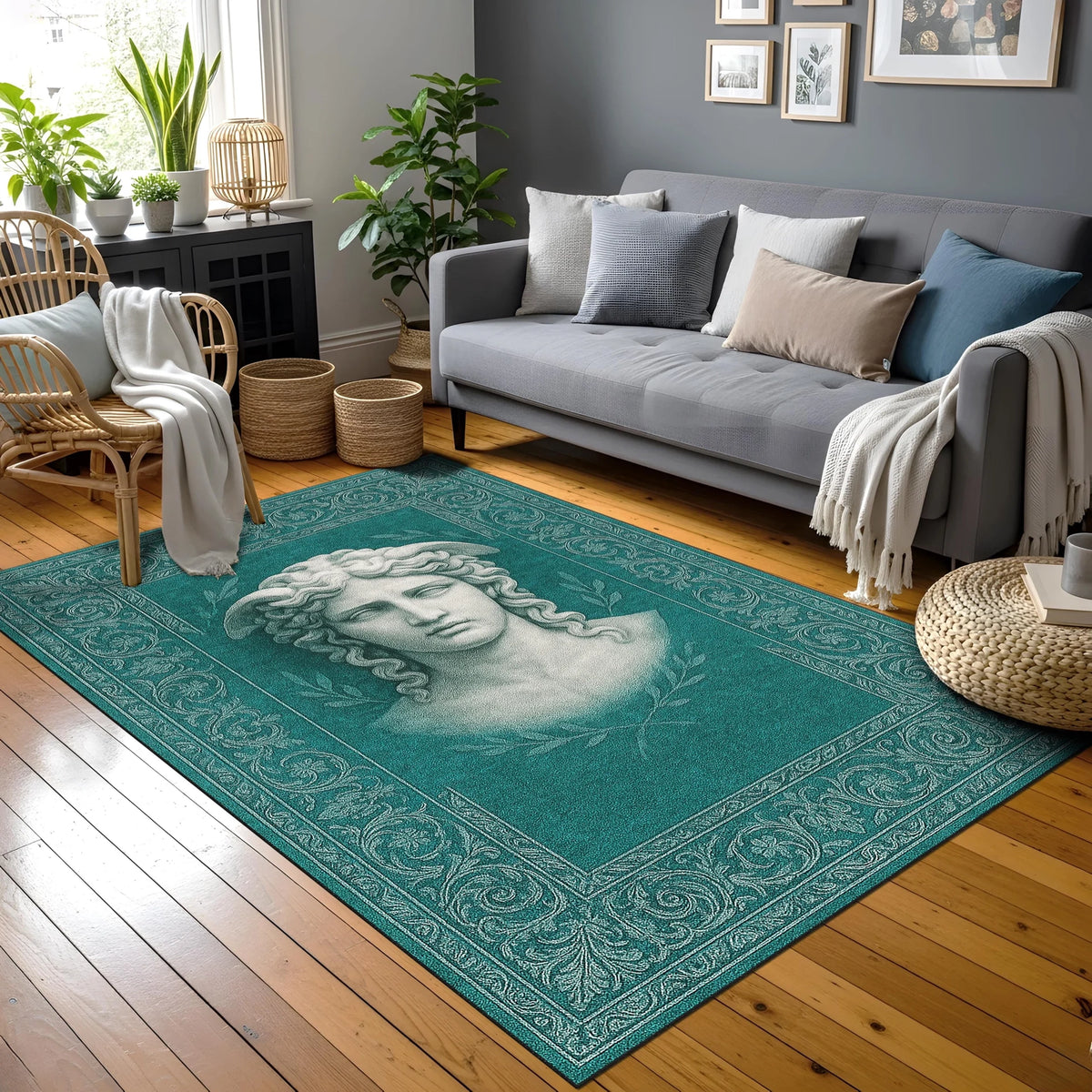 Merkez alanında antik heykel stilinde kadın yüzü illüstrasyonu yer alan turkuaz tonlu dekoratif halı; mermer heykel dokusunu andıran çizgisel detaylar, zarif bitkisel bordürler ve dengeli yüzey yerleşimiyle klasik sanat teması.
