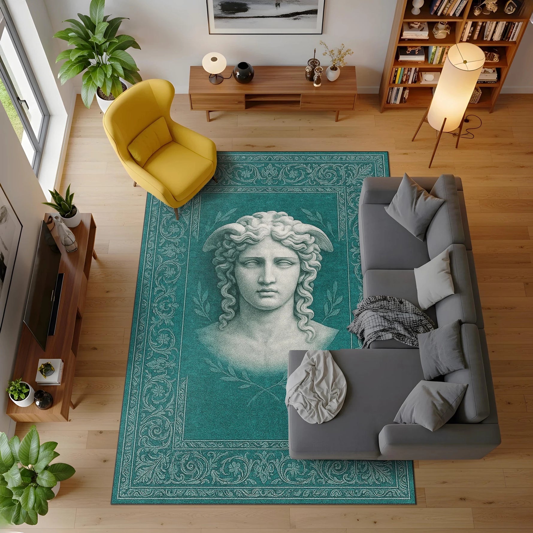 Turkuaz zemin üzerinde klasik heykel estetiğinde betimlenmiş antik kadın başı figürü bulunan sanatsal halı; merkezde yumuşak gölgelendirmeli portre, çevresinde ince floral ve ornamental desenli çerçeve, simetrik kompozisyon ve sakin renk geçişleri.