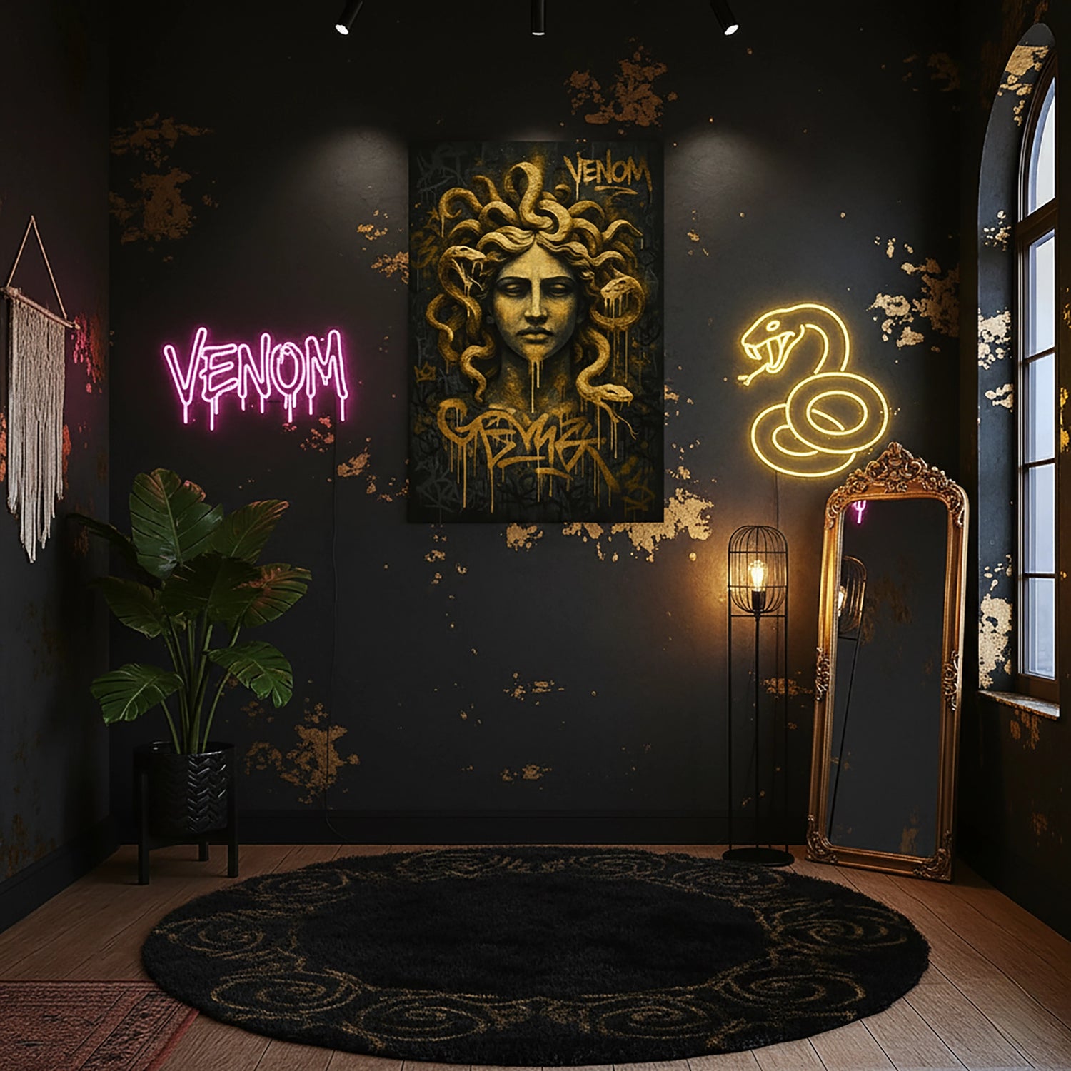 Çerçevesiz kanvas tablo, yılan saçlı mitolojik Medusa portresi ve altın venom temalı detaylarla tasarlanmış karanlık ve çarpıcı bir duvar dekoru sunar. Yüksek çözünürlüklü FabricUp dijital baskı kalitesi sayesinde estetik, premium ve modern dekorasyon için güçlü bir sanat eseri oluşturur.