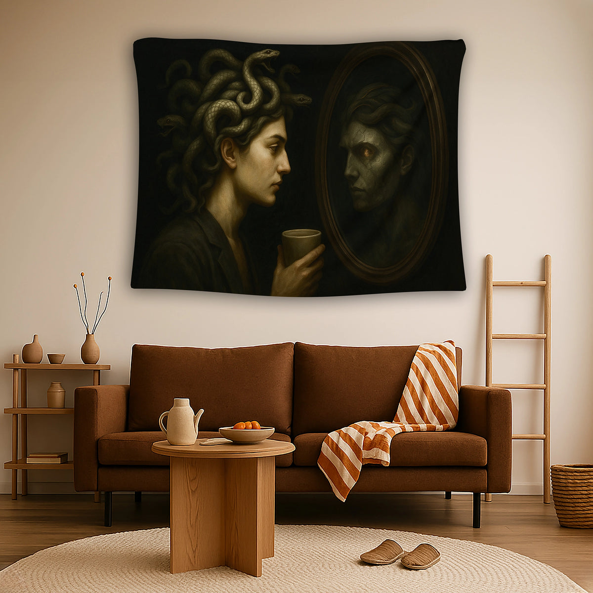 Mitolojik Medusa karakterini modern sanat dokunuşlarıyla yorumlayan FabricUp duvar örtüsü, koyu tonlar, yılan detayları ve vintage ayna kompozisyonuyla sofistike bir dekor sunar. Dijital baskı teknolojisi renkleri doygun ve keskin biçimde yansıtır.