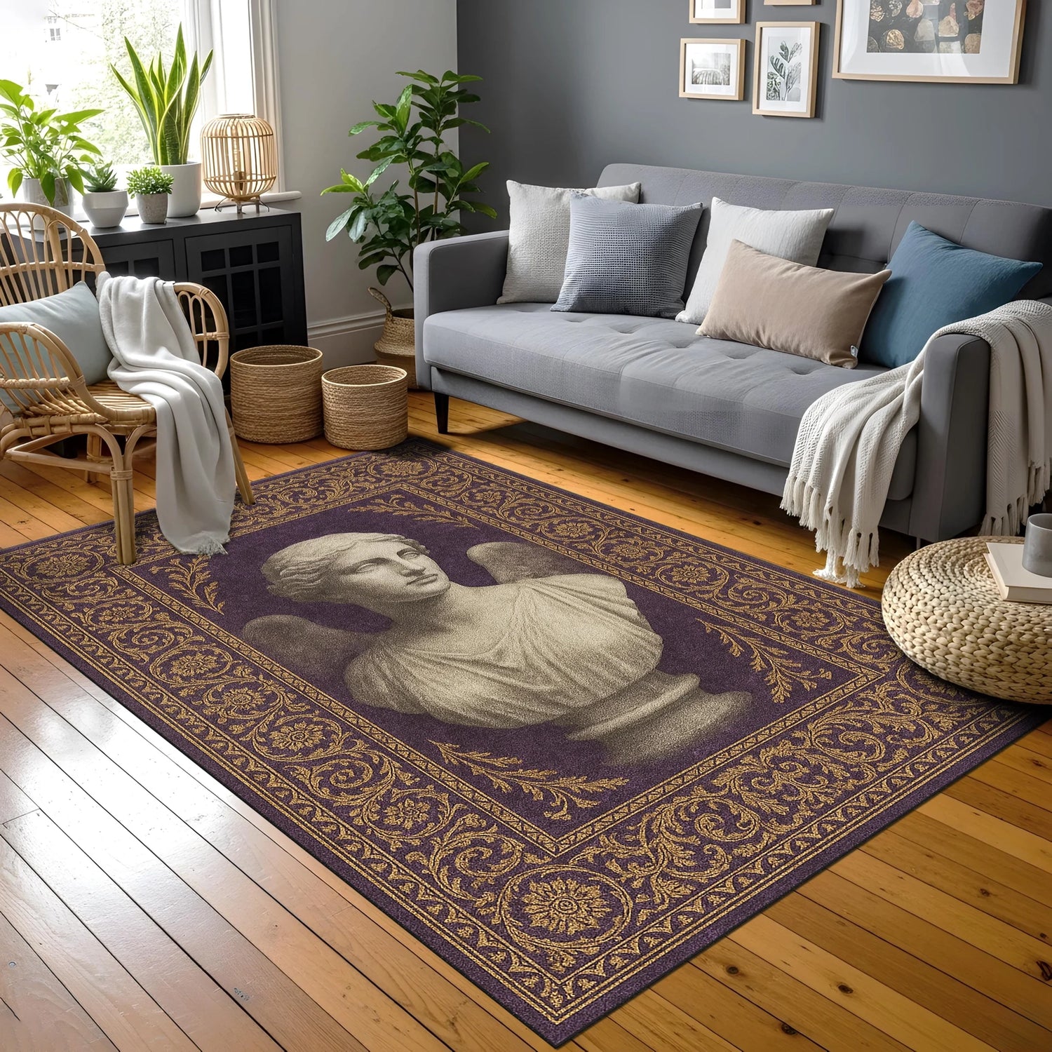 Merkez alanında kanatlı antik heykel portresi yer alan mor tonlu dekoratif halı; mermer heykel dokusu hissi veren yumuşak gölgelendirme, çevresinde zarif floral ve ornamental desenli klasik çerçeve ve dengeli yüzey kompozisyonu.