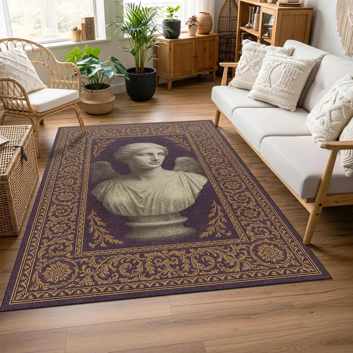 Melek Büstü Halı - Vintage Görünümlü Mor Sanatsal Halı Deseni
