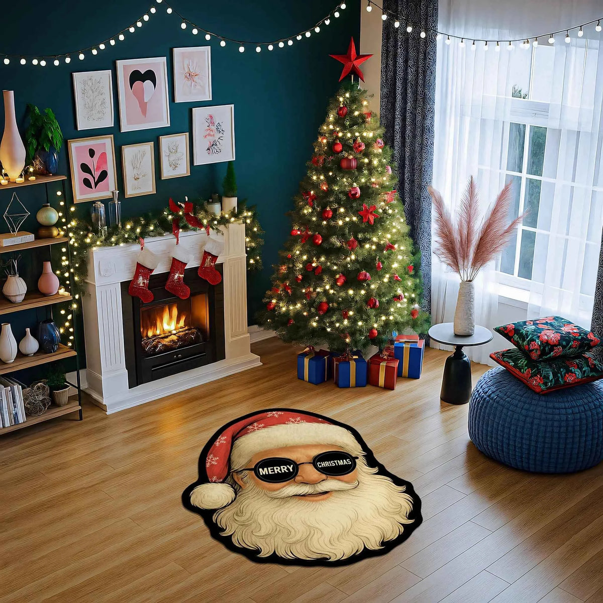 Havalı Noel Baba Portreli ve Güneş Gözlüğü Detaylı Yılbaşı Halısı