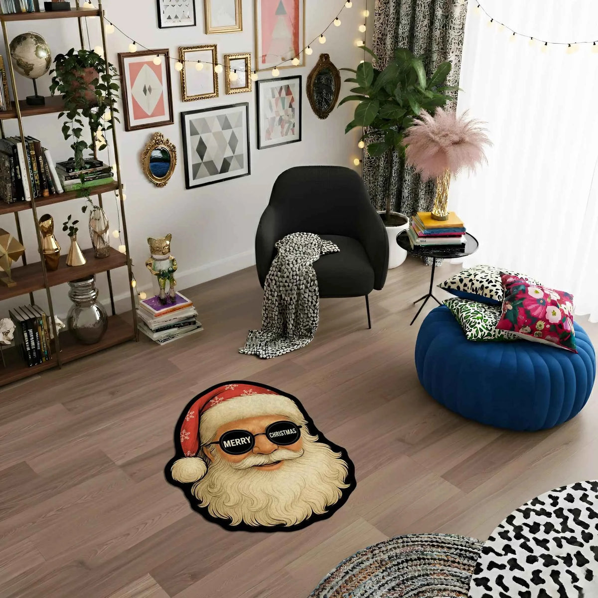 Havalı Noel Baba Portreli ve Güneş Gözlüğü Detaylı Yılbaşı Halısı