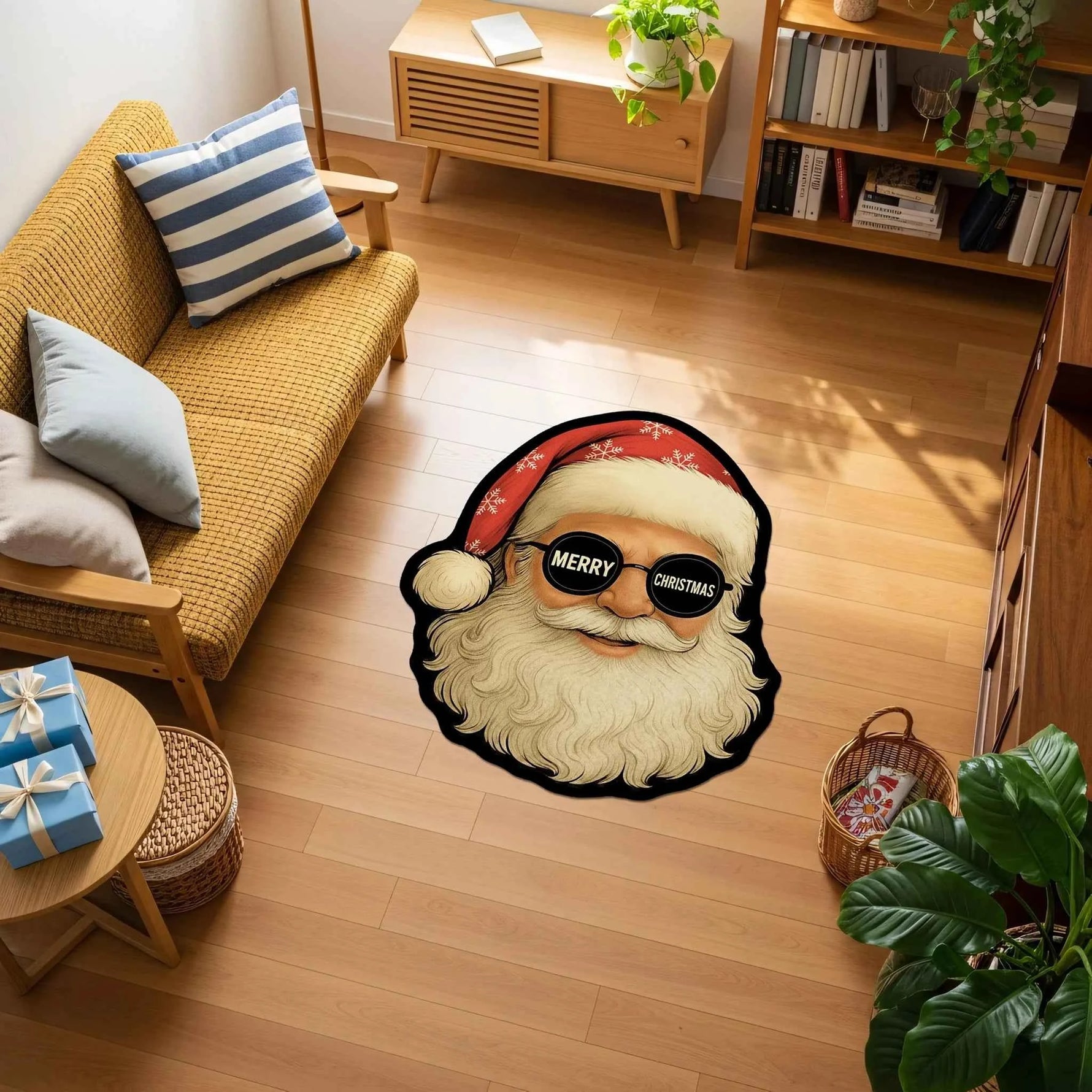 Havalı Noel Baba Portreli ve Güneş Gözlüğü Detaylı Yılbaşı Halısı