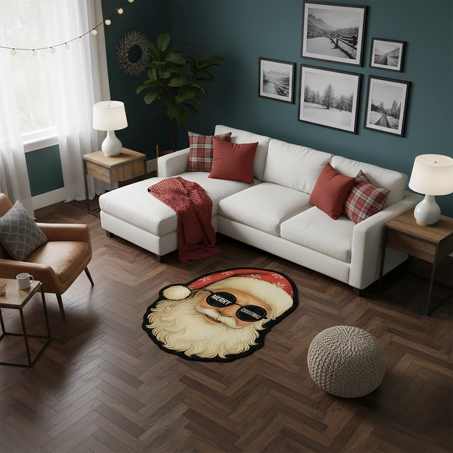 Havalı Noel Baba Portreli ve Güneş Gözlüğü Detaylı Yılbaşı Halısı