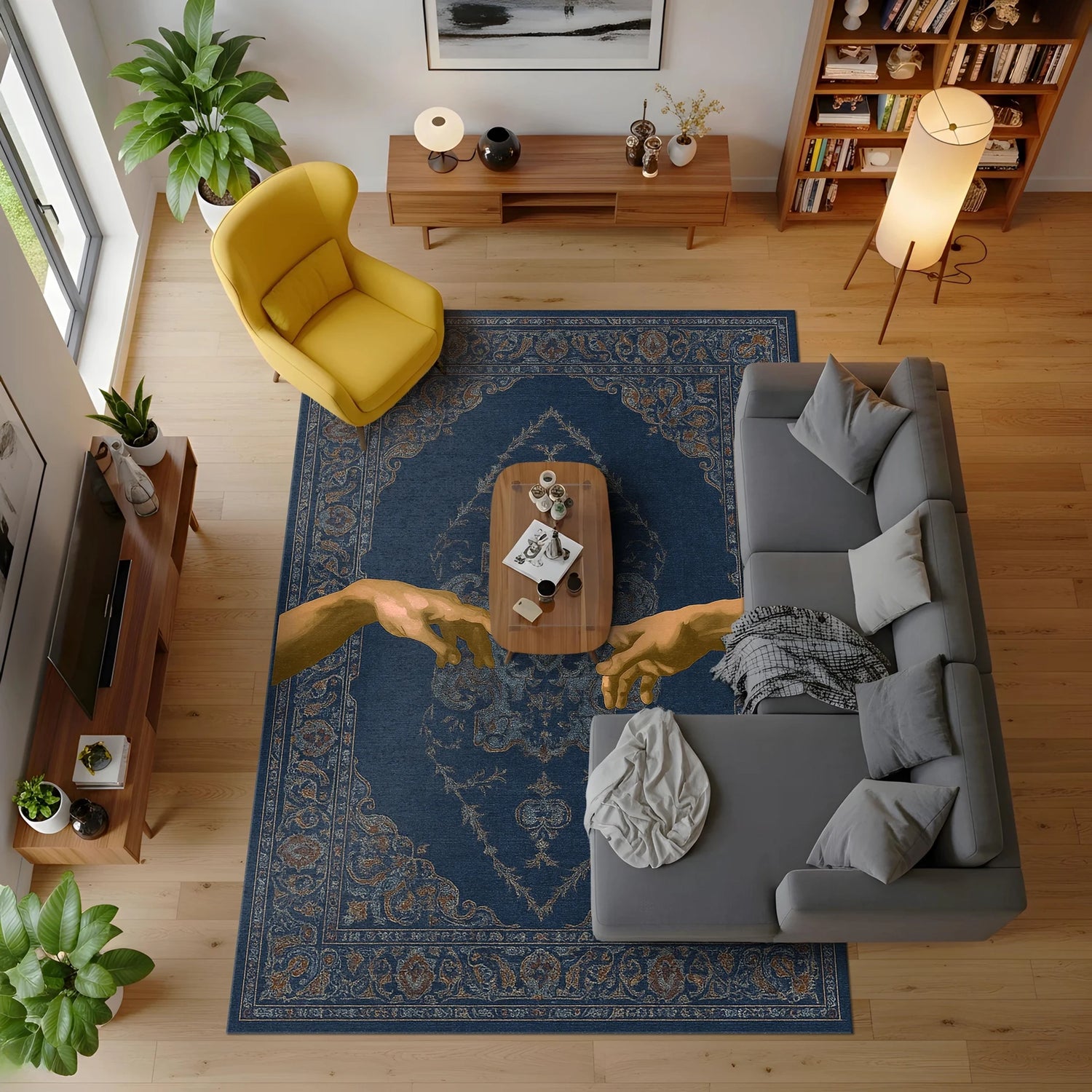 Lacivert zemin üzerinde klasik oriental bordür deseni ve merkezde birbirine uzanan iki el figürüyle tasarlanmış bu sanatsal halı, Rönesans esintili kompozisyon, sembolik insan teması, vintage estetik ve klasik tablo stilini bir araya getiren güçlü bir görsel anlatım sunar.
