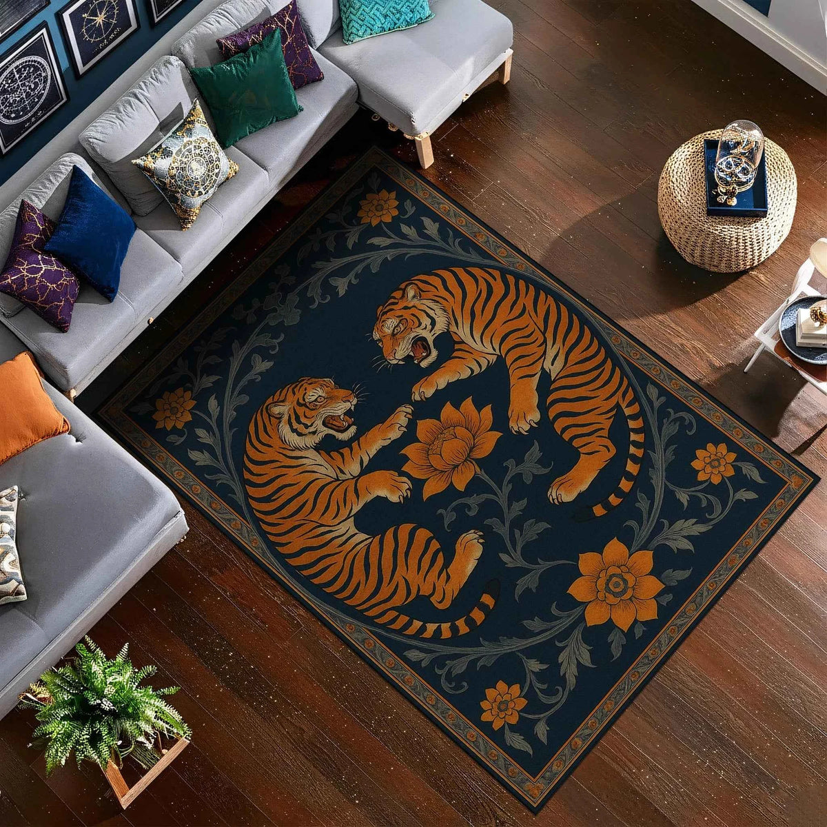 Midnight Tigers Kaplan Figürlü Lacivert Halı