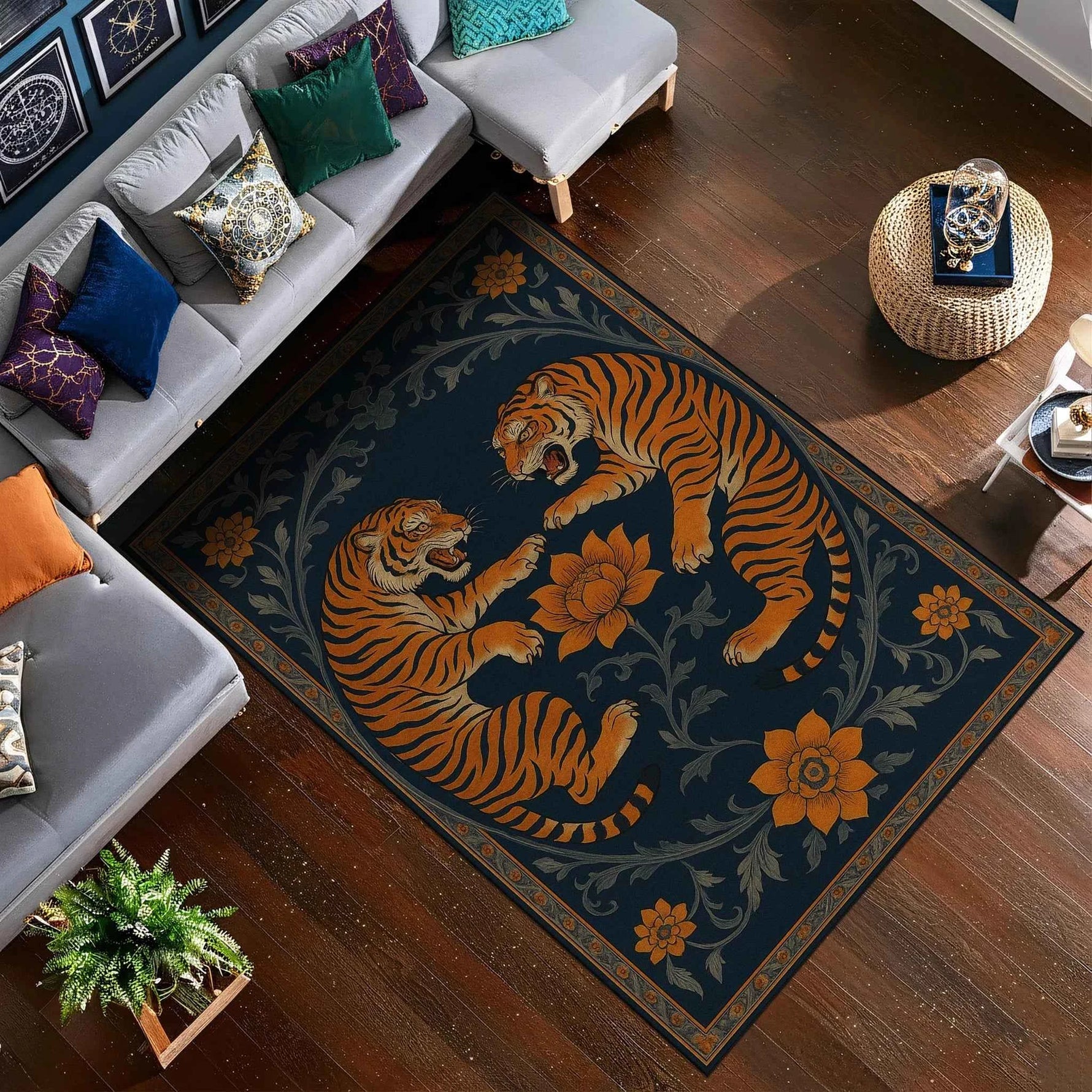 Midnight Tigers Kaplan Figürlü Lacivert Halı