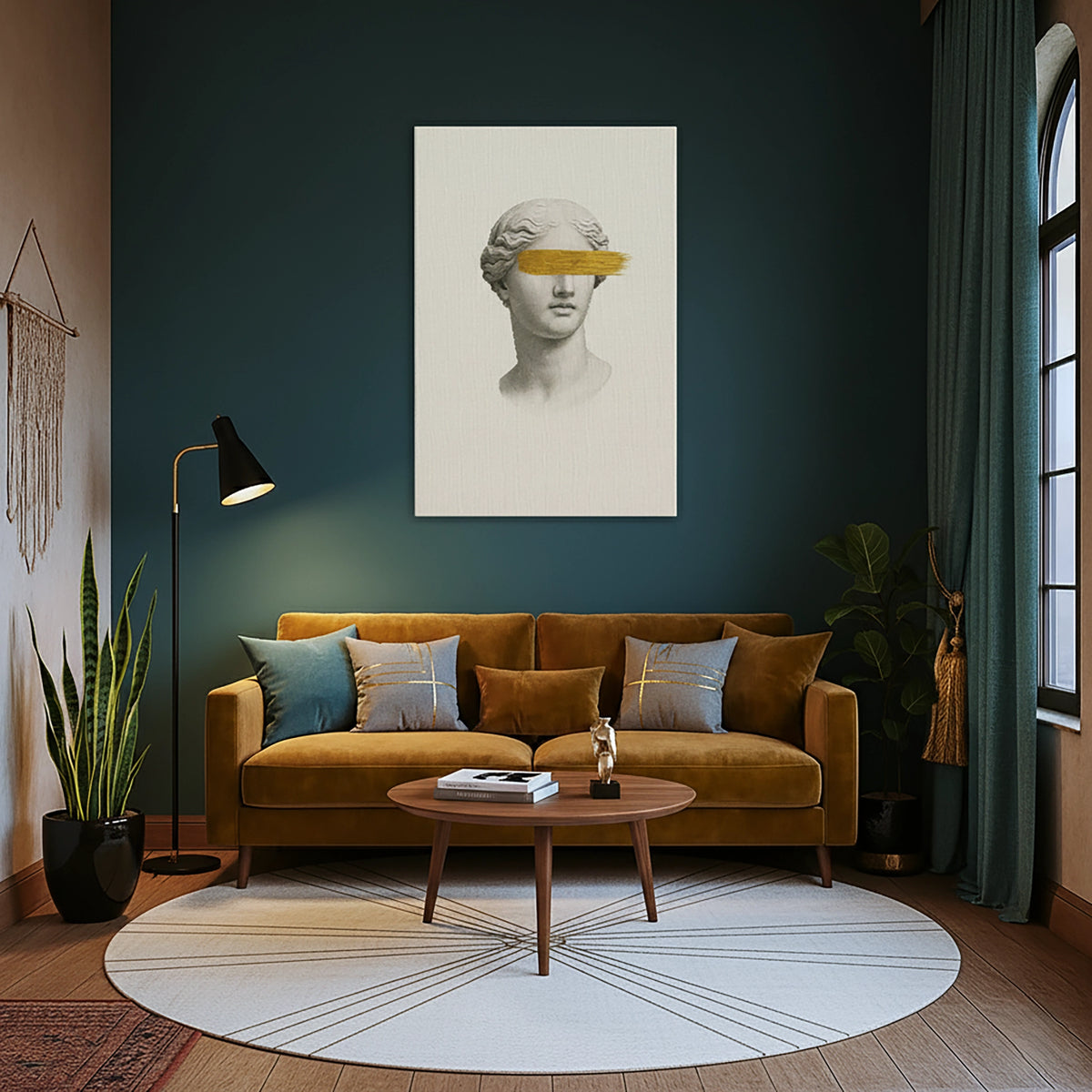 Çerçevesiz kanvas tablo, klasik mermer heykel büstü ve göz hizasında altın fırça darbesi detayıyla tasarlanmış minimal ve modern duvar dekoru sunar. Yüksek çözünürlüklü baskı kalitesine sahip FabricUp dijital baskı, estetik, premium ve şık dekorasyon için ideal bir sanat eseridir.