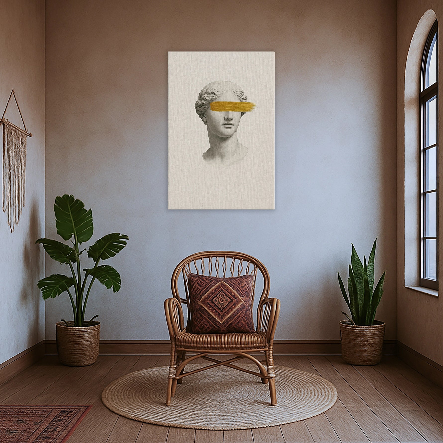Çerçevesiz modern kanvas tablo, heykel büstü illüstrasyonu ve altın boya şerit detayıyla tasarlanmış çağdaş ve sanatsal bir duvar dekoru modelidir. FabricUp dijital baskı ile üretilen yüksek çözünürlüklü yüzey, dayanıklı, net ve şık görünüm sunarak mekâna karakter kazandırır.