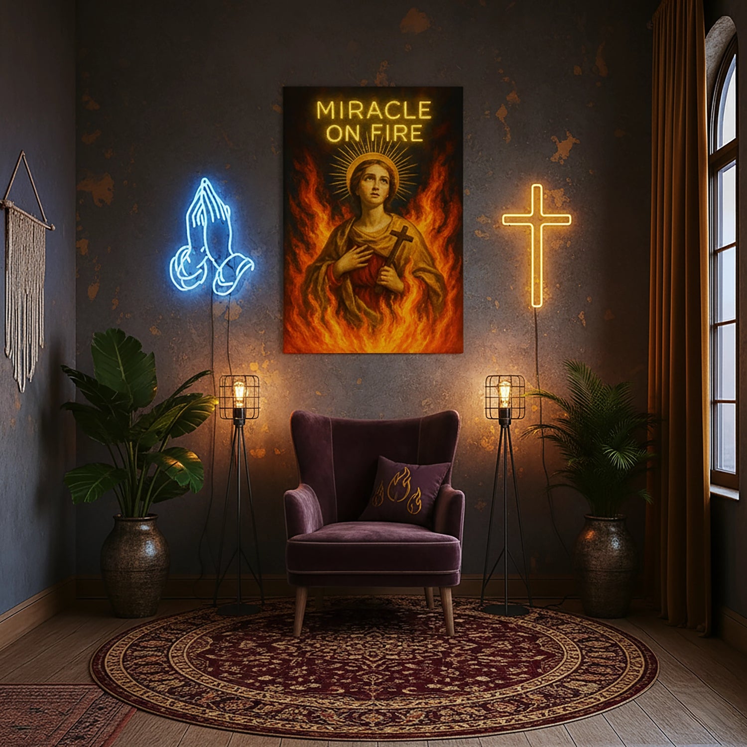 Çerçevesiz kanvas tablo, alevler içinde mistik figür ve MIRACLE ON FIRE tipografisiyle tasarlanmış dramatik ve sanatsal bir duvar dekoru sunar. Yüksek çözünürlüklü baskı kalitesine sahip FabricUp dijital baskı, estetik, premium ve modern dekorasyon için güçlü bir sanat eseridir.