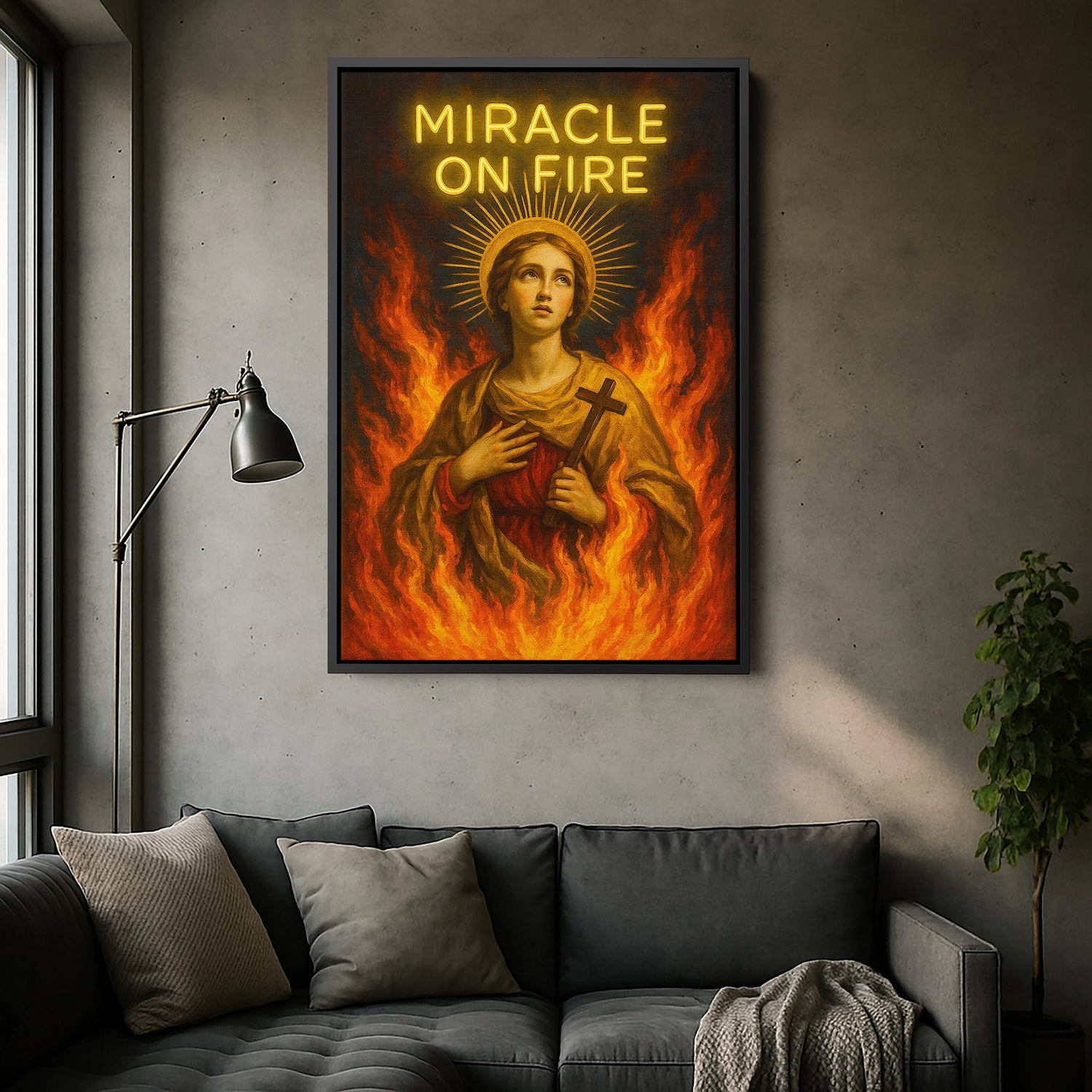 Siyah çerçeveli kanvas tablo, koyu arka plan ve ateş efektleriyle çevrili kutsal figür kompozisyonuyla güçlü kontrast yaratan dekoratif duvar dekoru tasarımıdır. FabricUp dijital baskı teknolojisi sayesinde yüksek çözünürlüklü, net ve canlı renklerde modern görünüm sağlar.
